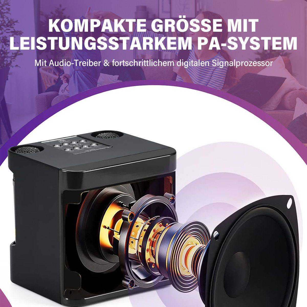 Schwarzer Lautsprecher mit einem Ausschnitt, der die inneren Komponenten zeigt. Text: 'Kompakte Grösse ...'.