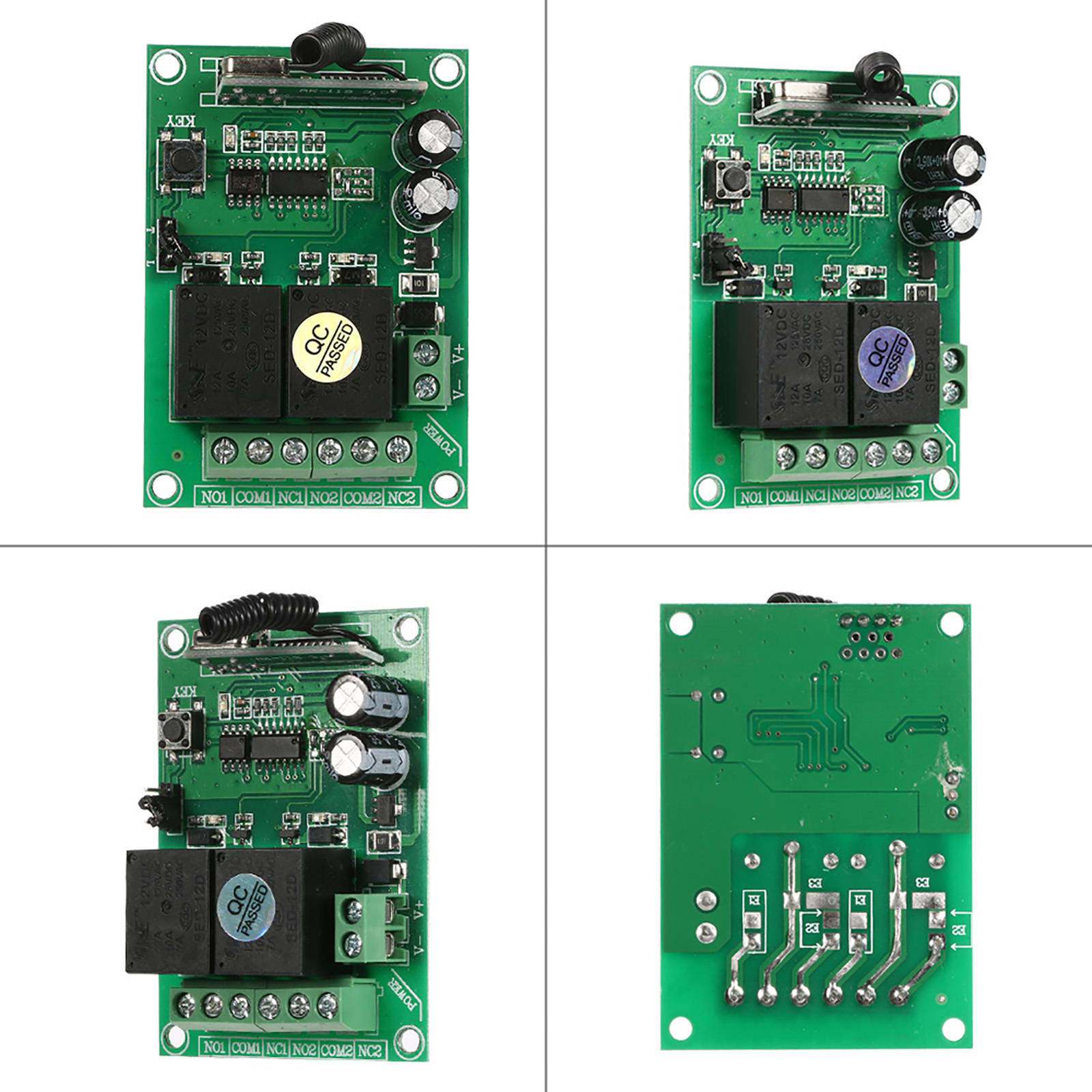 Vier Ansichten einer grünen Leiterplatte mit elektronischen Bauteilen. Die Platine hat mehrere Anschlüsse und Chips.