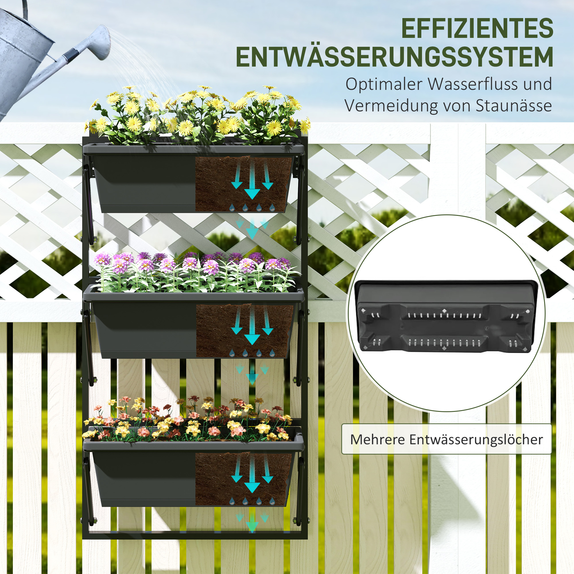 Vertikale Pflanzenkästen mit Blumen. Wasser fließt aus der Erde. Text: 'Effizientes Entwässerungssystem'. Weißer Zaun.