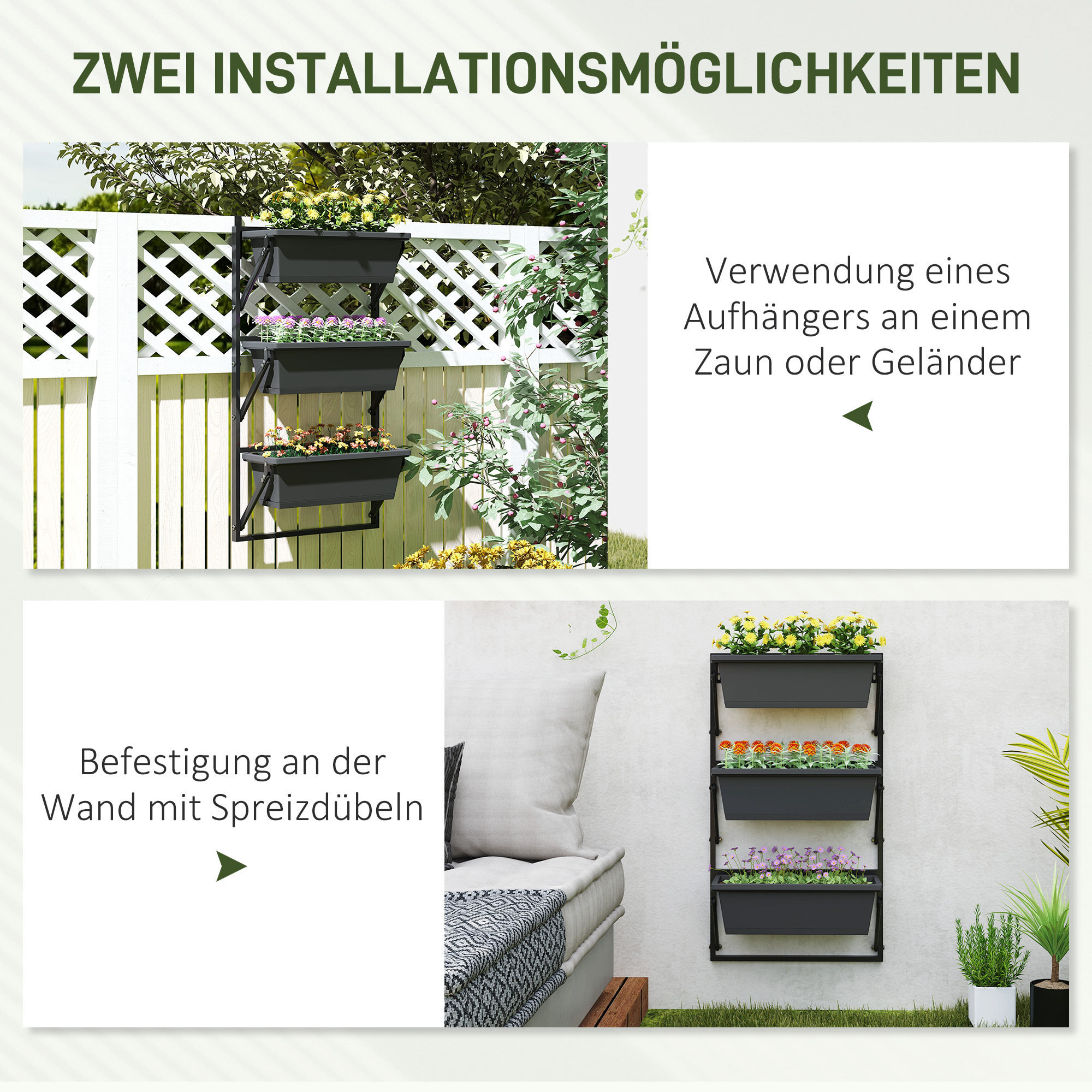 Zwei Bilder, die ein Pflanzensystem an einem Zaun und an einer Wand zeigen. Der Hintergrund ist weiß und grün.