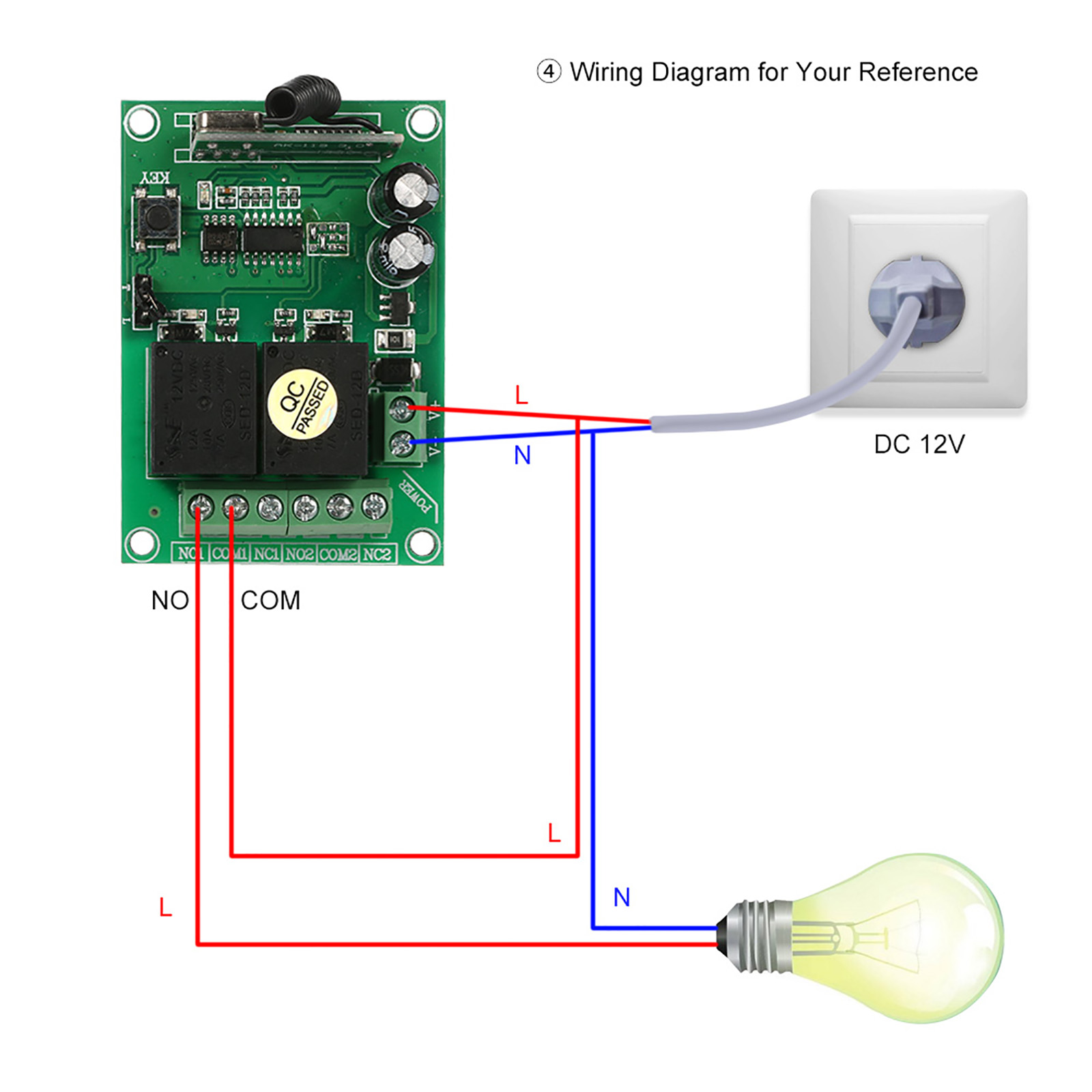 Diagramm der elektrischen Verdrahtung mit Glühbirne, Steckdose und einer Leiterplatte mit roten und blauen Drähten.