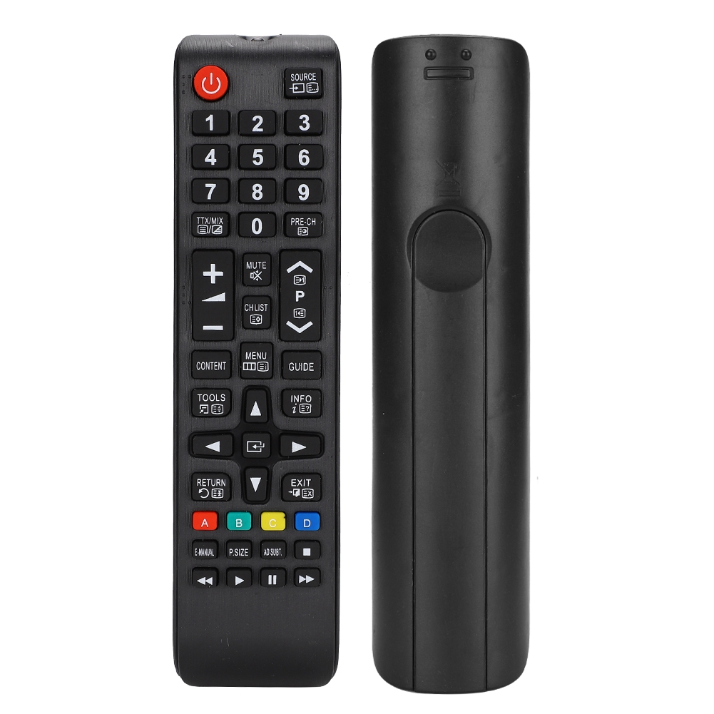 Zwei Ansichten einer schwarzen TV-Fernbedienung mit Tasten und Zahlen, vorne und hinten.