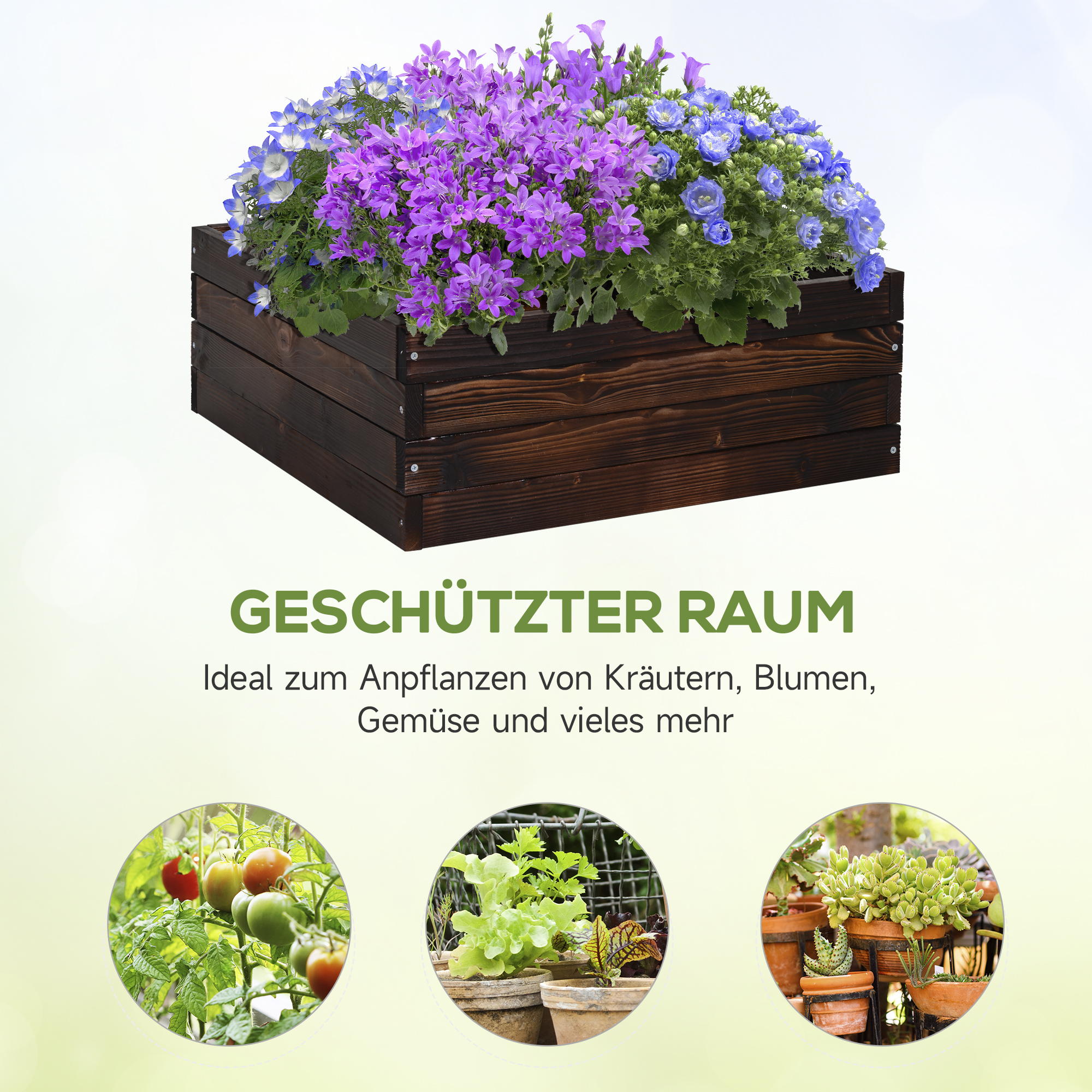 Ein erhöhtes Gartenbeet mit Blumen und Gemüse, mit Text.