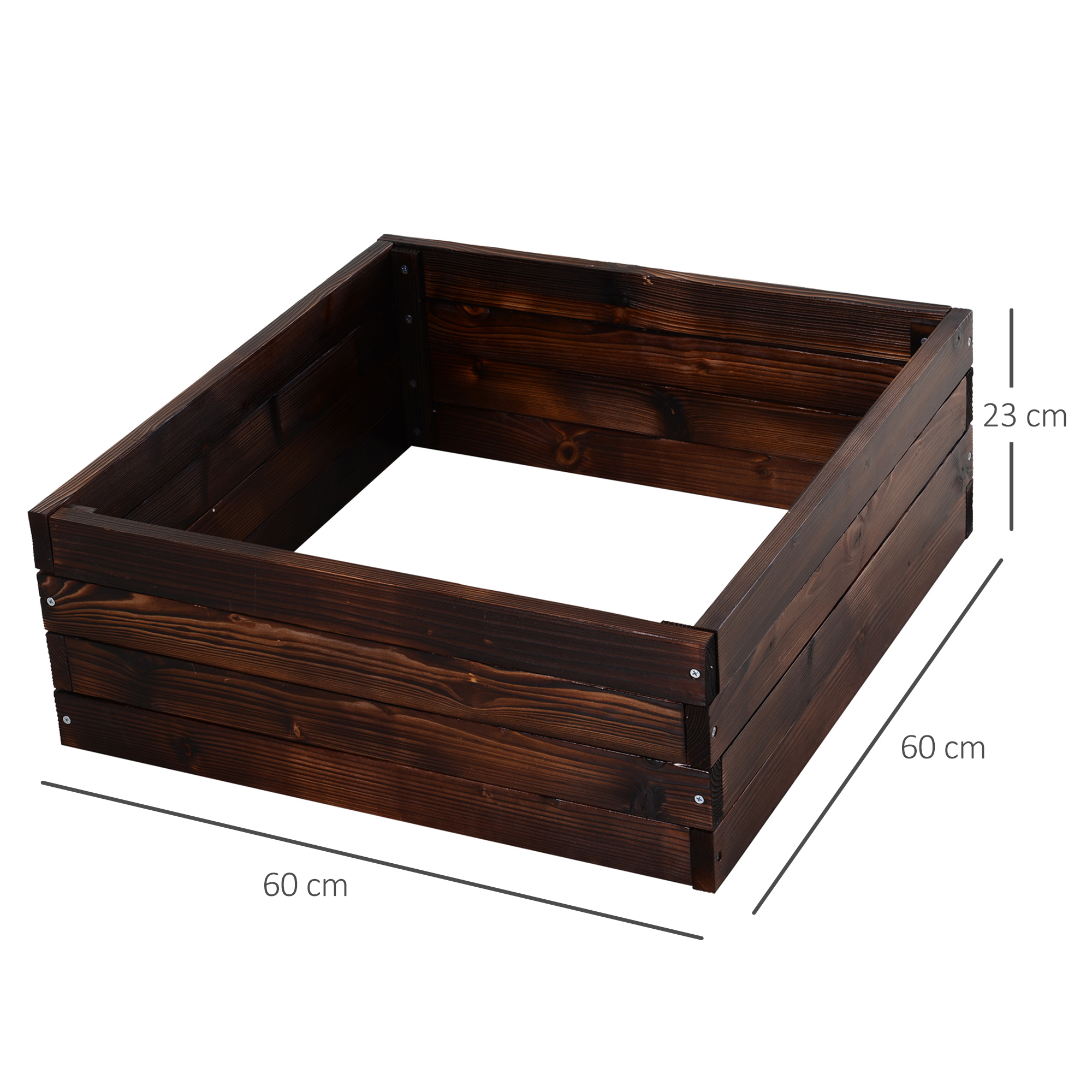 Ein dunkelbraunes, erhöhtes Gartenbeet aus Holz, mit Maßangaben.