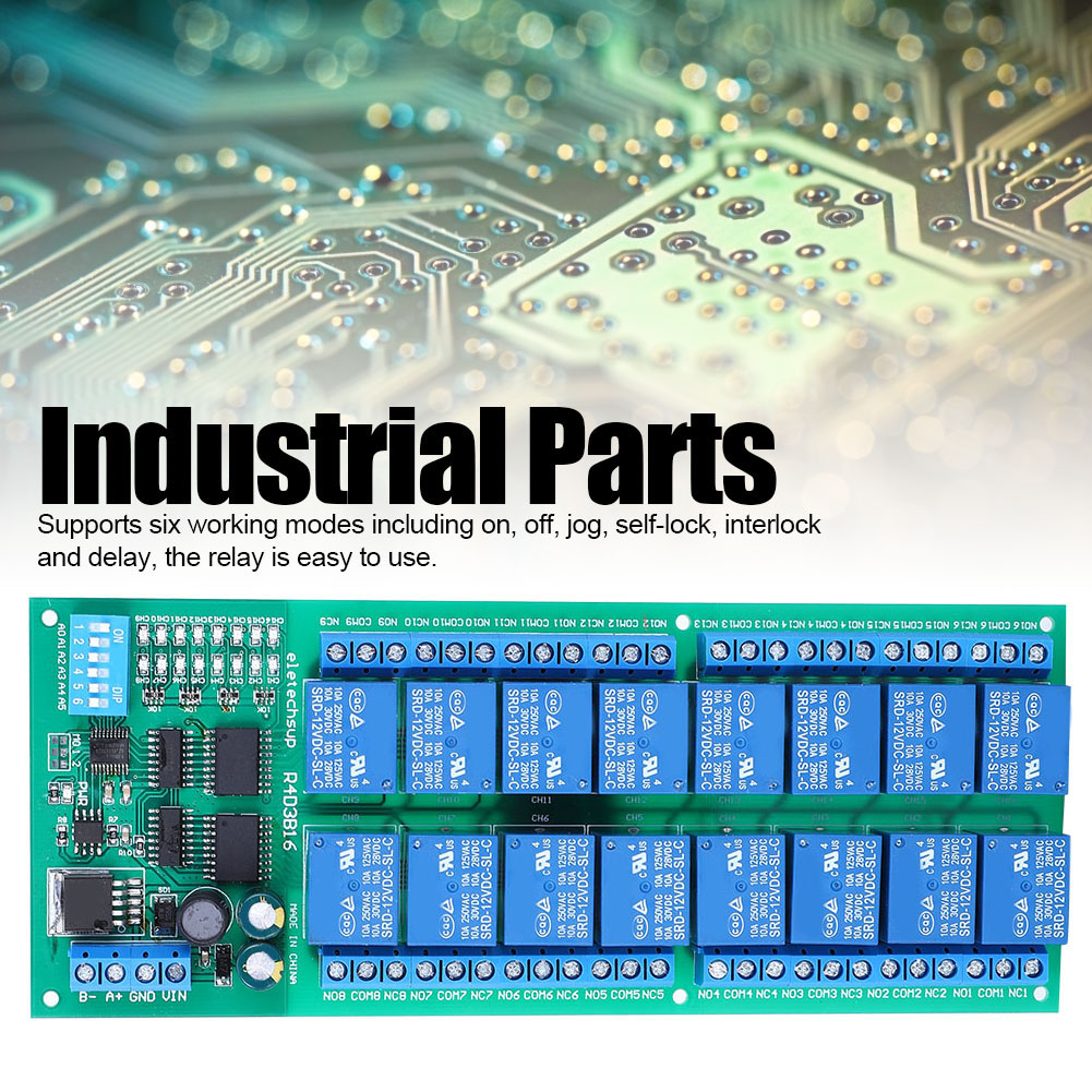 Grüne Leiterplatte mit Relais und Text, mit den Worten 'Industrial Parts'.