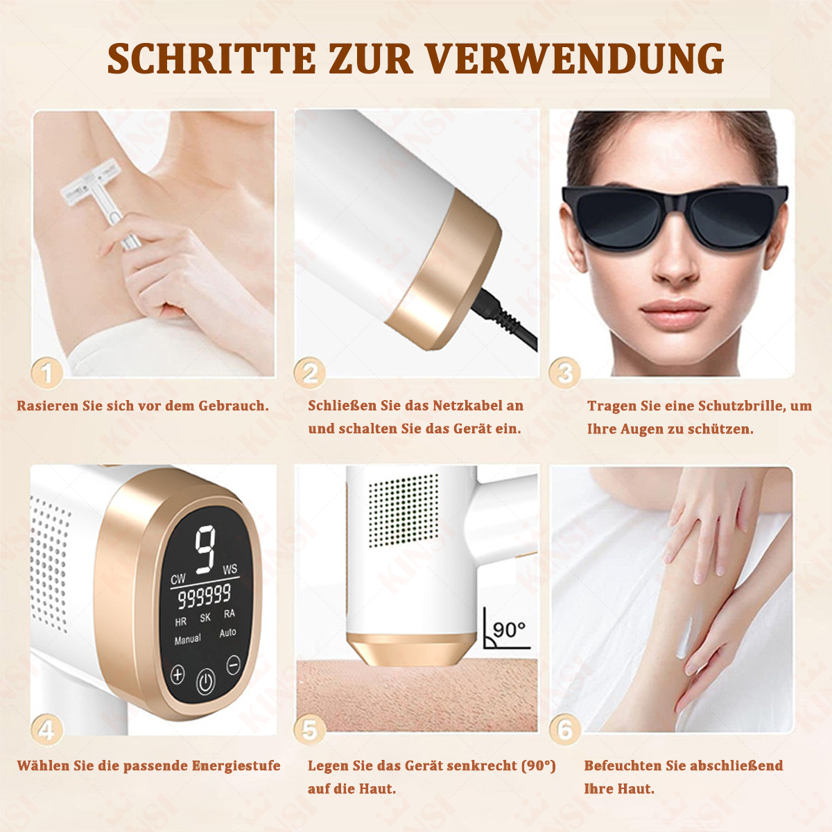 Sechs Fotos, die die Schritte zur Verwendung eines Haarentfernungsgeräts detailliert beschreiben. Die Schritte umfassen Rasieren und Auftragen von Lotion.