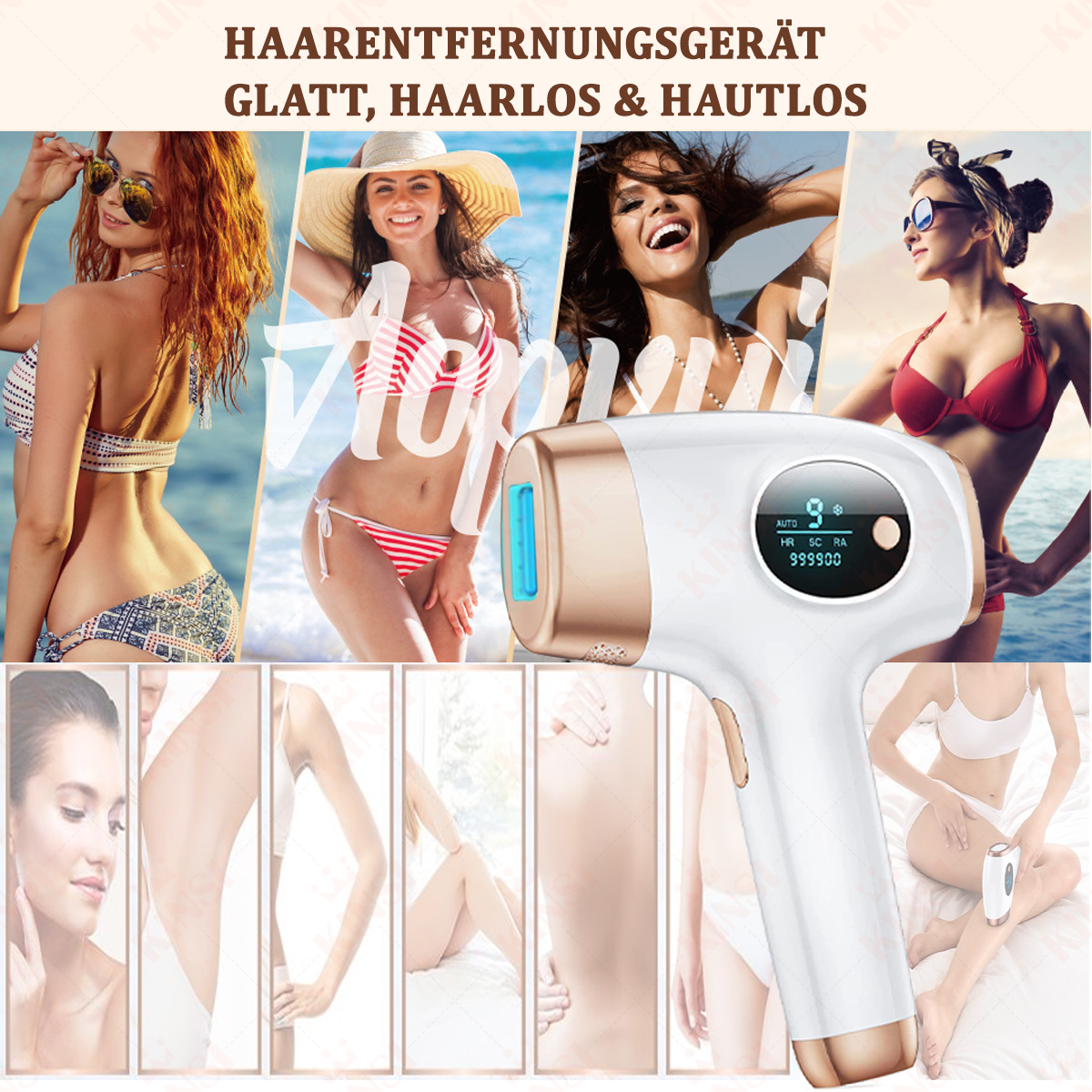 Eine Collage von Frauen und einem Gerät zur Haarentfernung. Das Gerät hat einen Bildschirm und Knöpfe.
