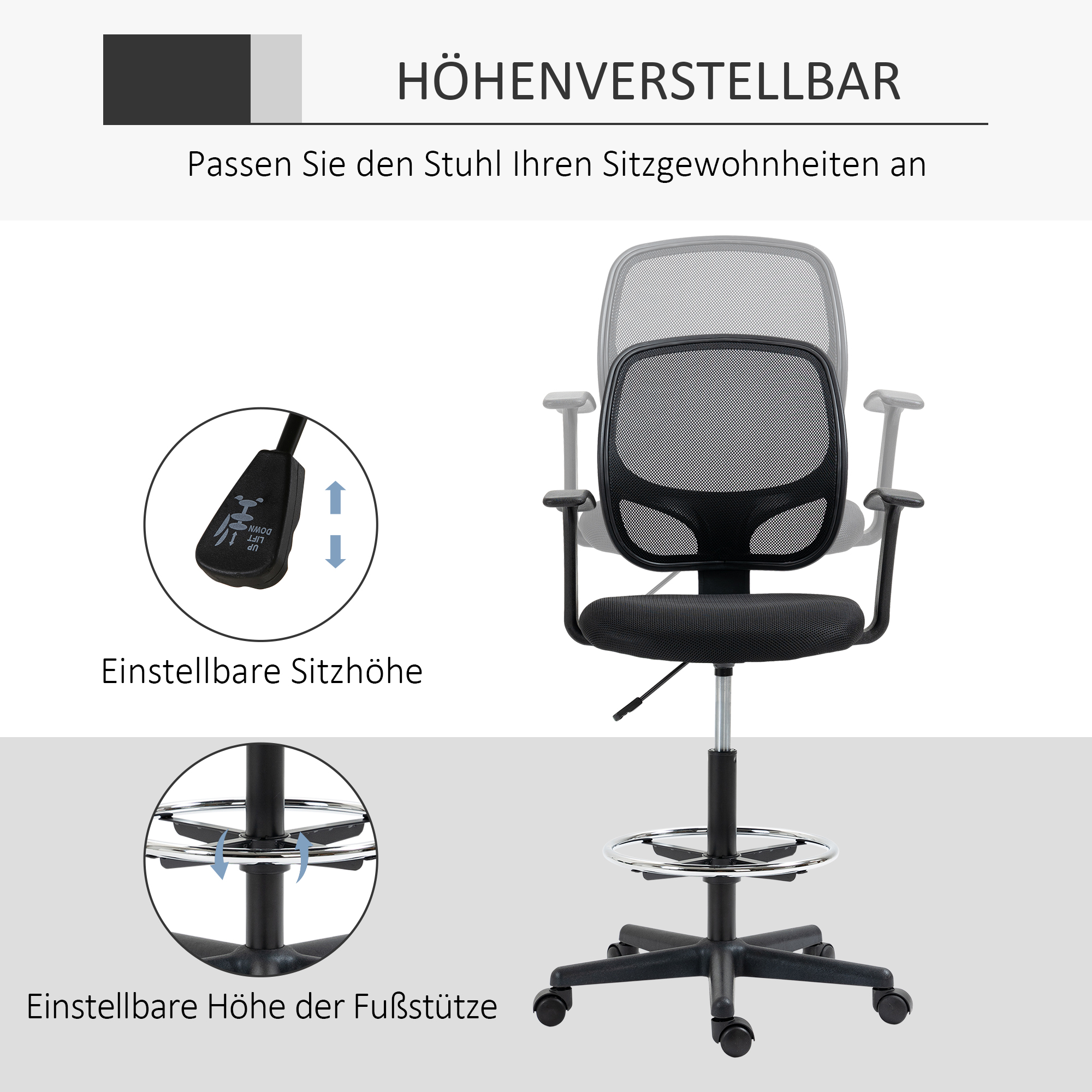 Ein schwarzer Bürostuhl mit Netzrücken. Er hat eine höhenverstellbare Sitzfläche und Fußstütze, auf weißem Hintergrund.