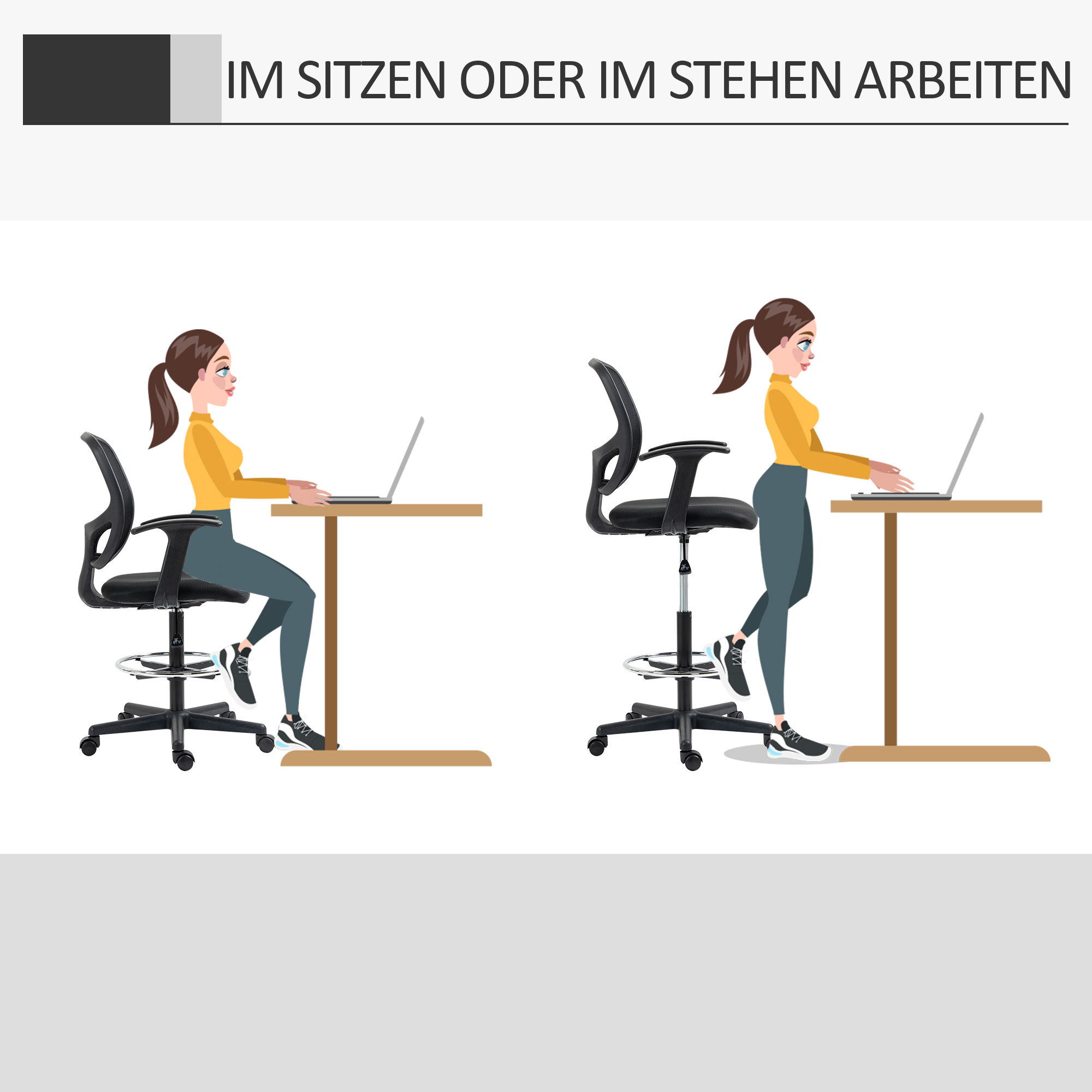 Zwei Personen arbeiten an Laptops. Einer sitzt auf einem Stuhl, der andere steht an einem Schreibtisch.