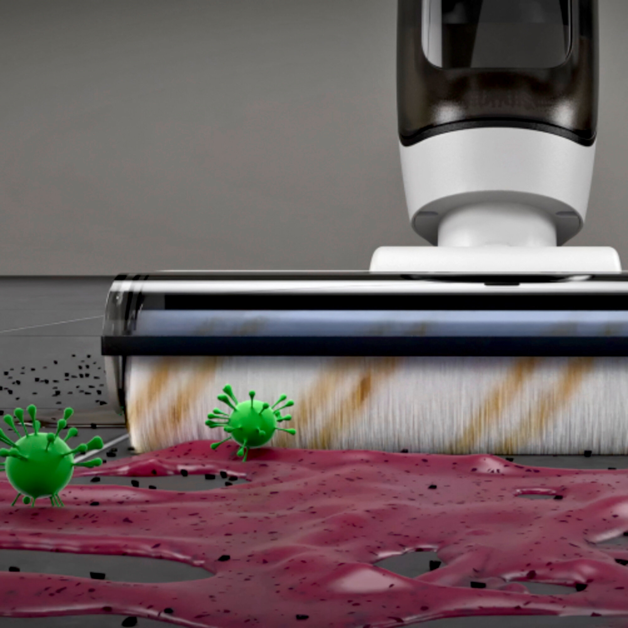 Aspirapolvere robot che pulisce un pavimento con un liquido rosso e illustrazioni di virus verdi davanti.