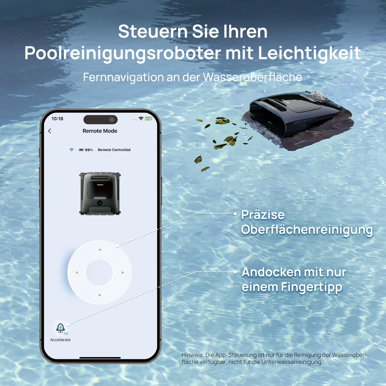 Un smartphone controla un robot de limpieza de piscinas, piscina detrás.