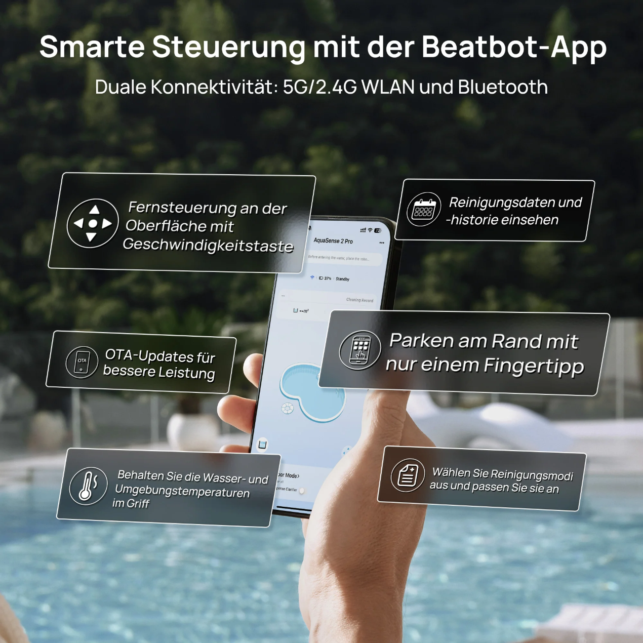Una persona sosteniendo un teléfono inteligente que muestra la aplicación Beatbot, mostrando las funciones del limpiador de piscinas.