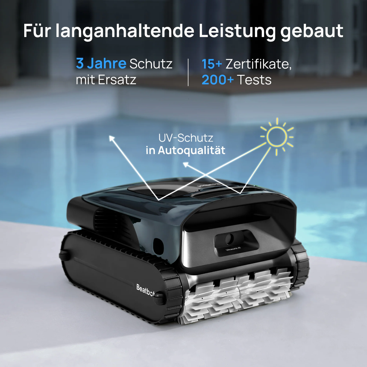 Un robot limpiador negro con orugas de tanque frente a una piscina. El texto indica protección UV y garantía de 3 años.