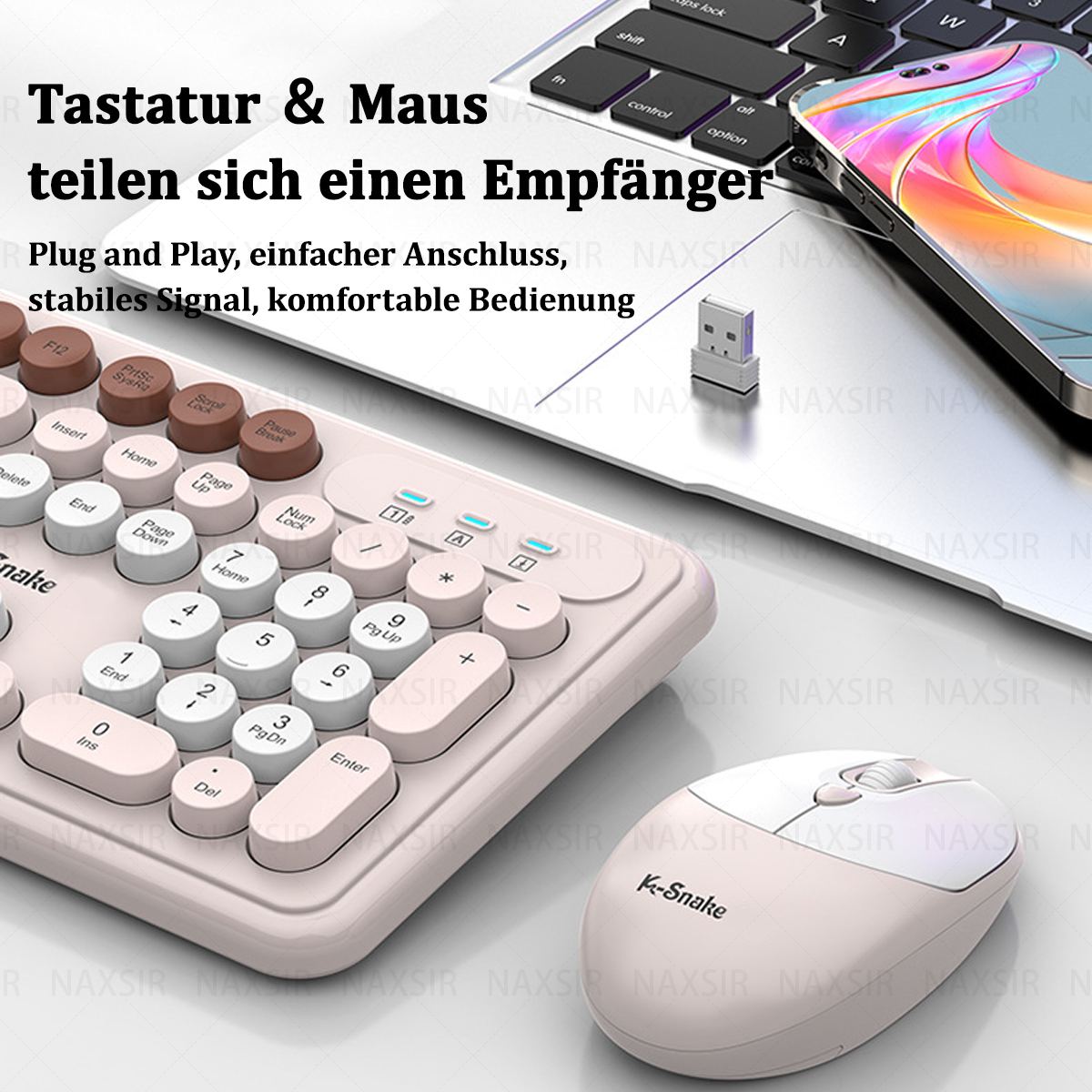 Ein Tastatur- und Maus-Set mit einem drahtlosen USB-Empfänger und einem Smartphone im Hintergrund.