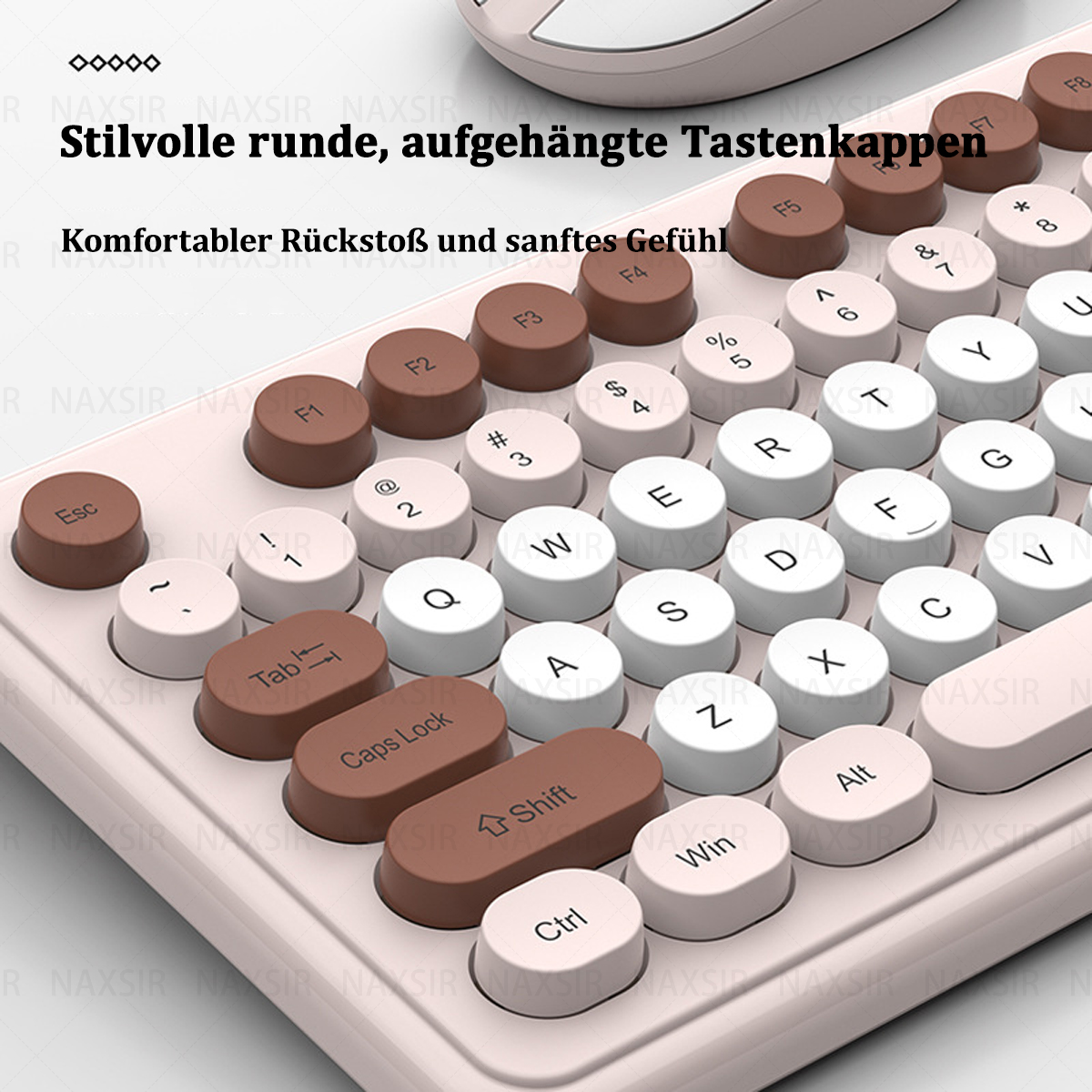 Nahaufnahme einer Tastatur mit runden Tasten in Braun und Weiß, rosa Hintergrund.