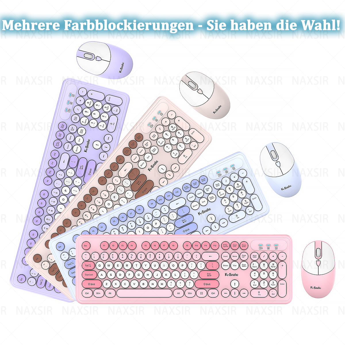 Vier Tastaturen und Mäuse in Pastellfarben, mit weißem Hintergrund.