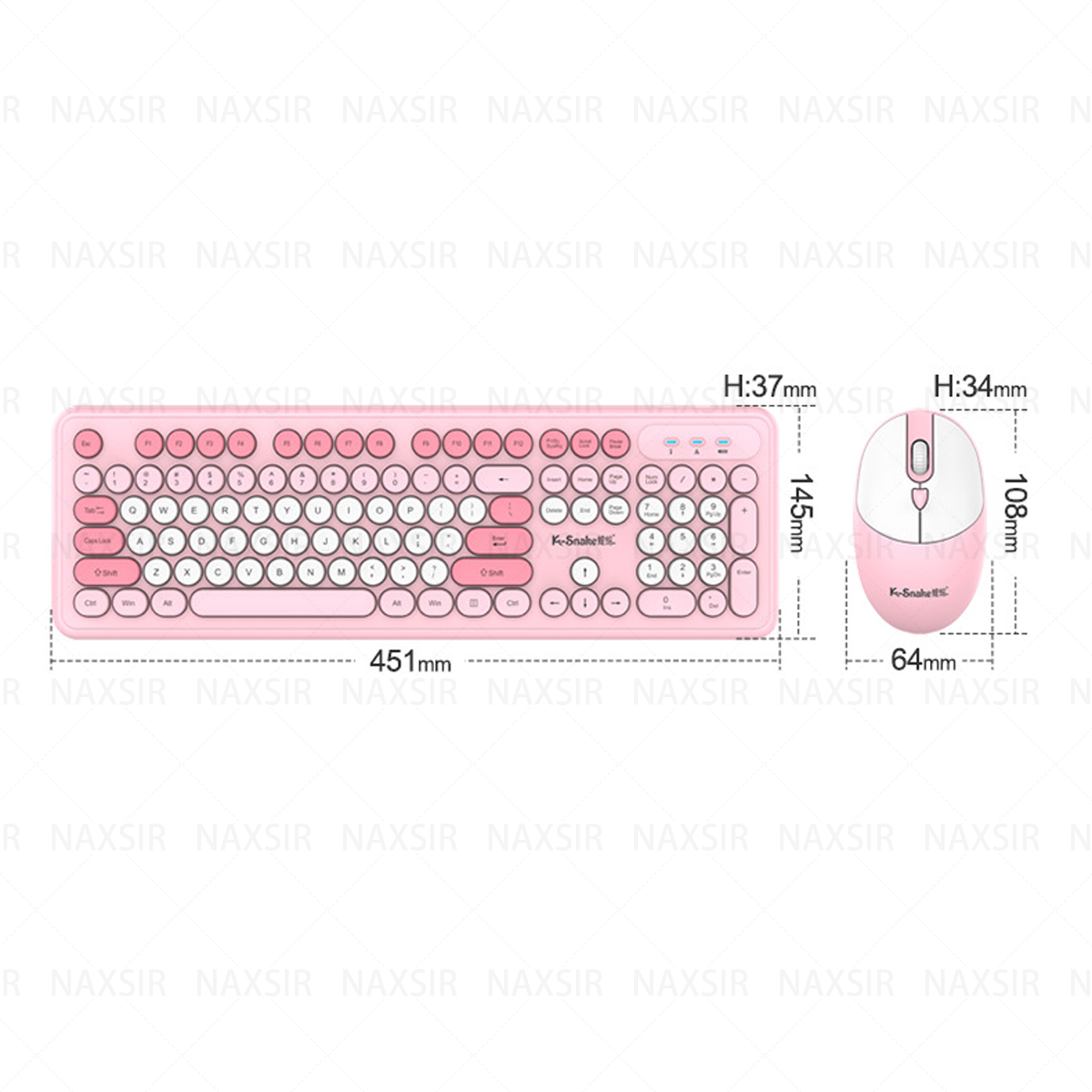Eine rosa Tastatur und Maus, mit angegebenen Abmessungen.