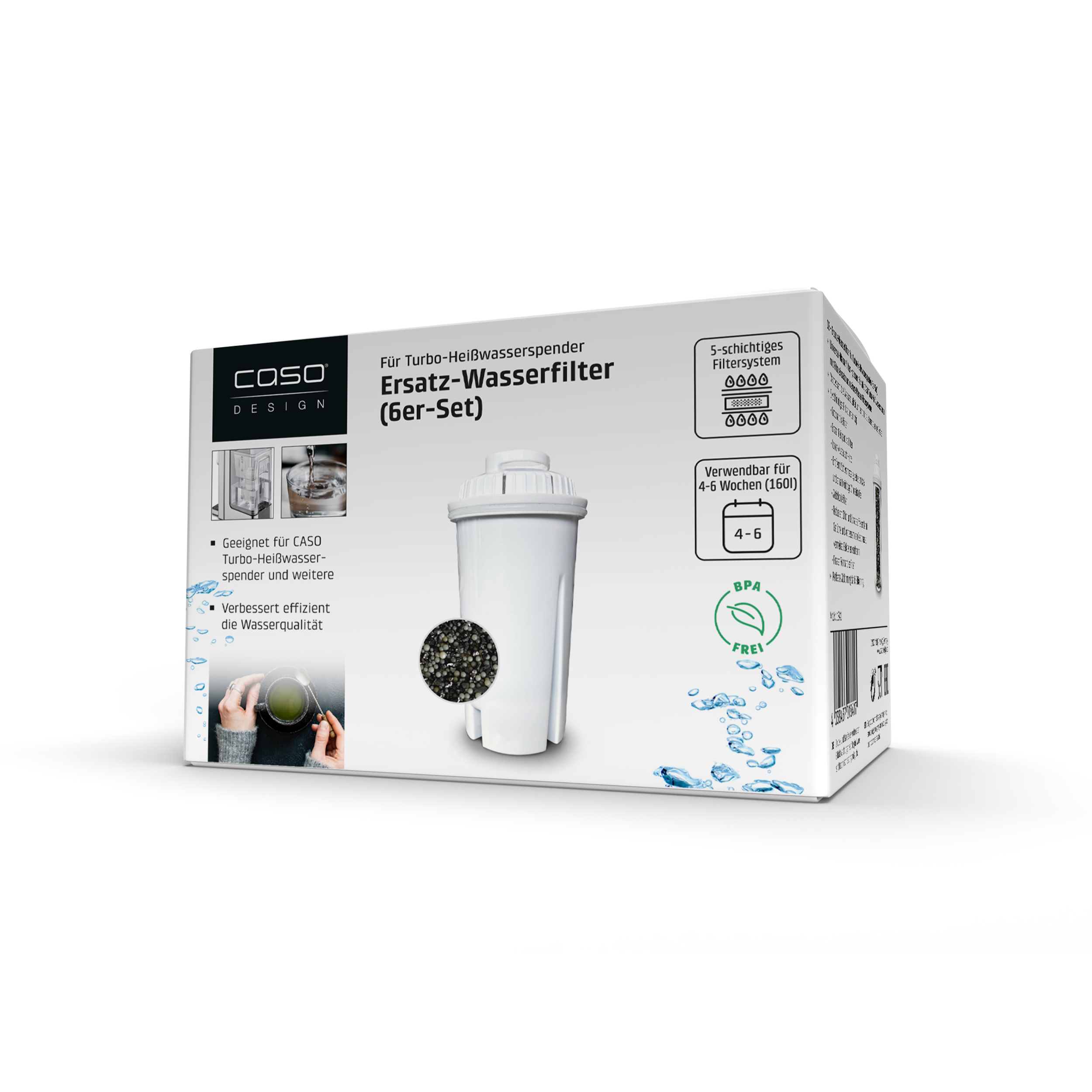 Ein weißer Filter für einen Wasserspender in einer Produktbox.