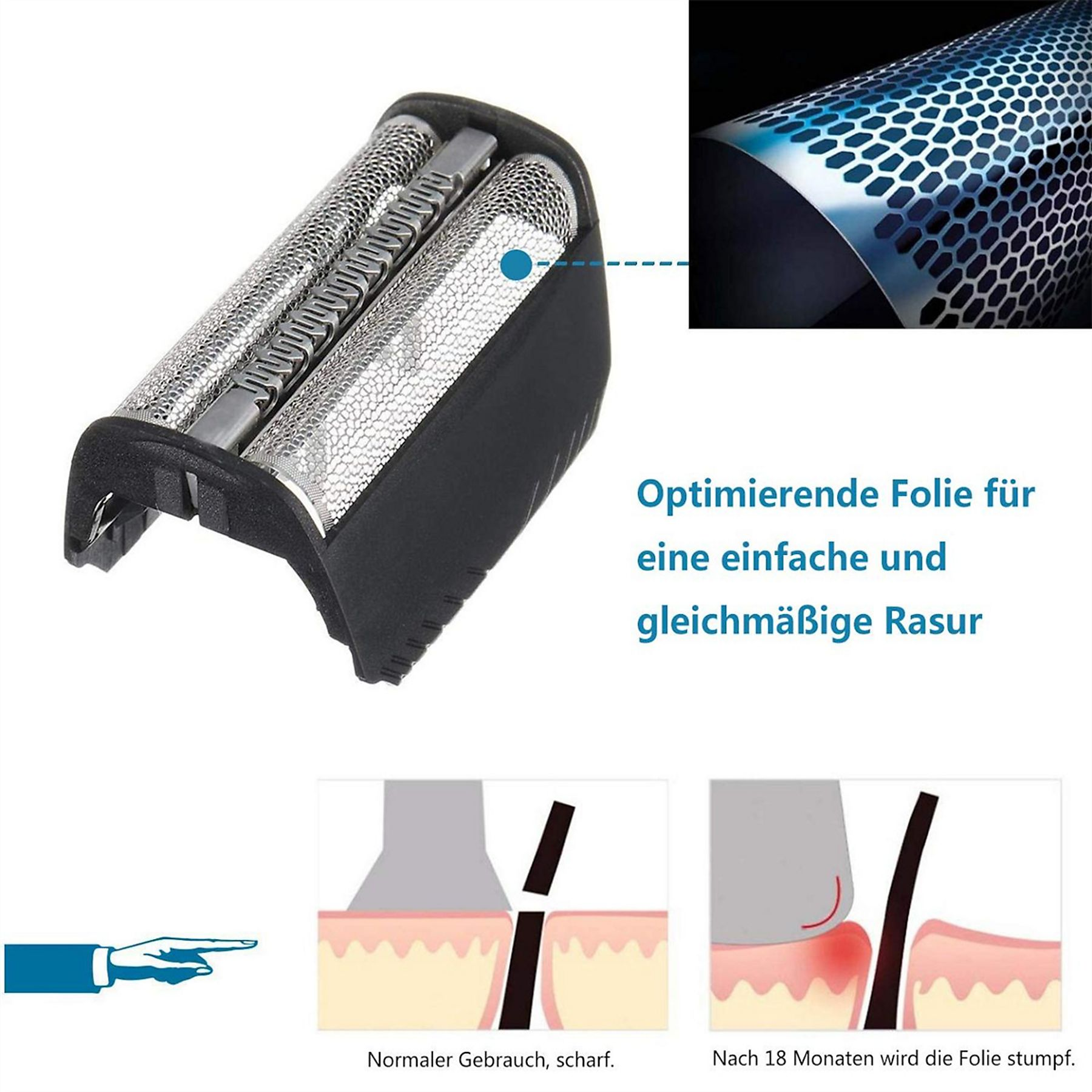 Nahaufnahme eines Rasiererkopfes, Diagramme zur Folienverwendung und Text auf Deutsch zur Optimierung der Folie.