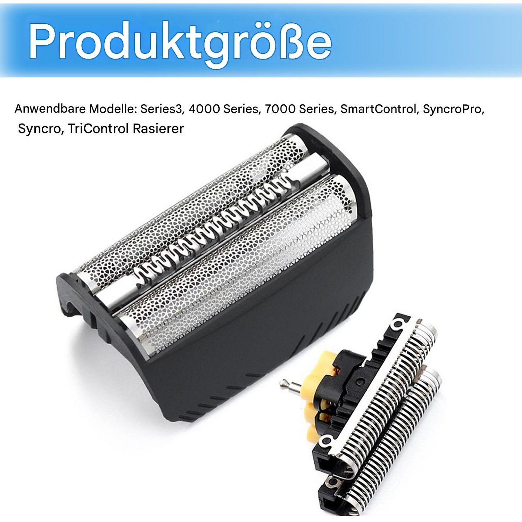 Nahaufnahme eines Rasiererkopfes und seiner Komponenten mit deutschem Text, der die Produktgröße und die Modelle angibt.