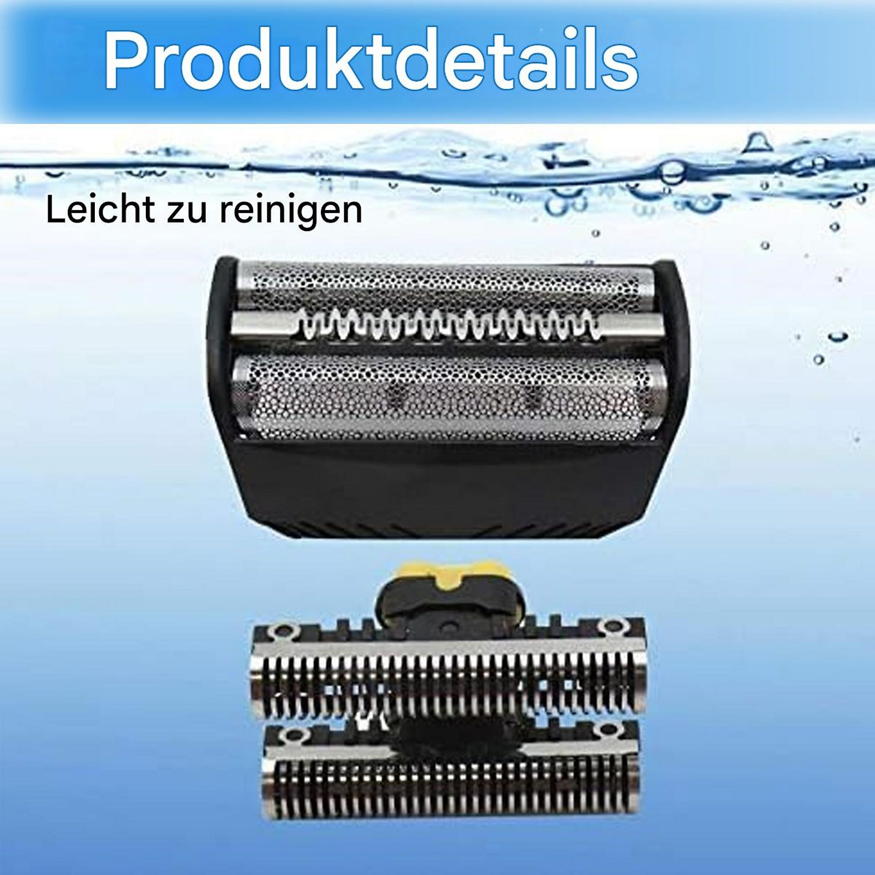 Nahaufnahme eines zerlegten Rasiererkopfes, der die Schneidkomponenten und den Text "Produktdetails" zeigt.