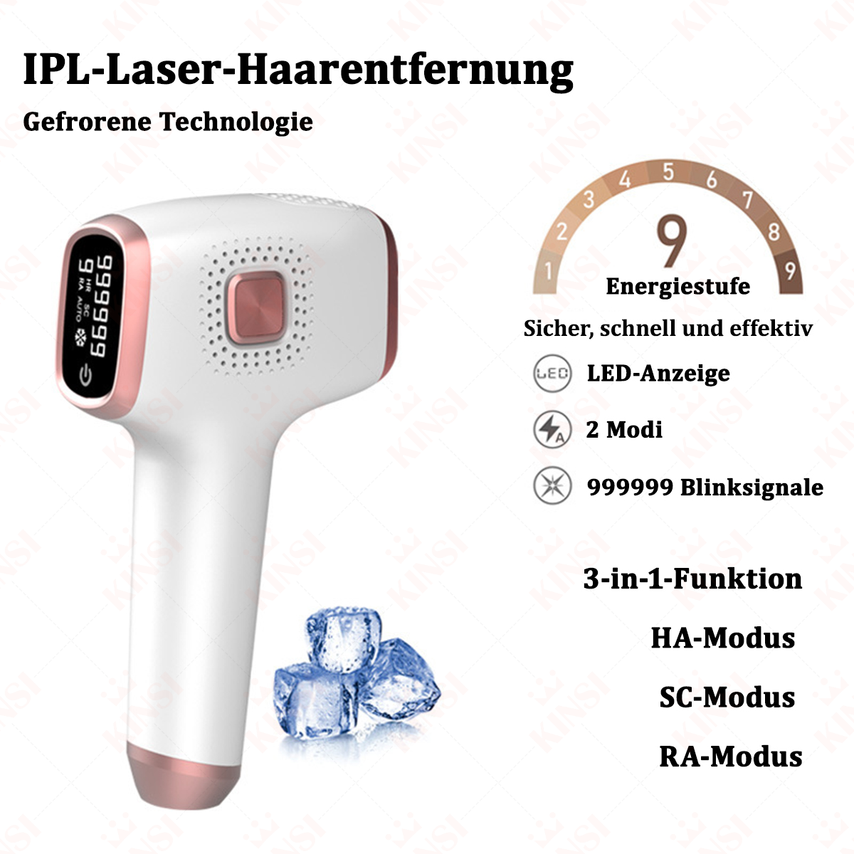 IPL-Laser-Haarentfernungsgerät mit Eiswürfeln und einem Display, das Energiestufen und Modi anzeigt, mit deutschem Text.