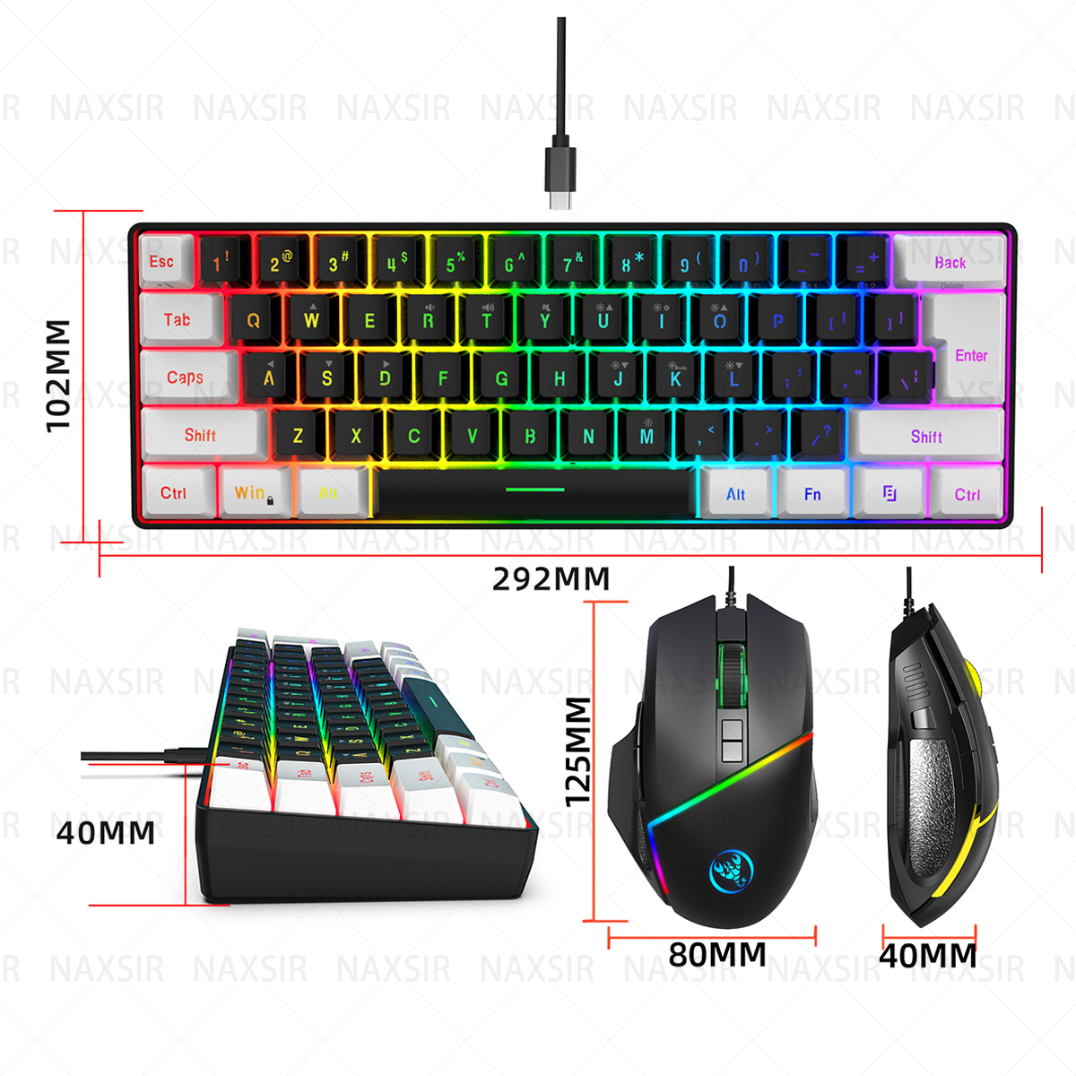 Das Bild zeigt eine kompakte Tastatur und Maus mit Abmessungen. Die Tastatur ist mehrfarbig, die Maus ist schwarz mit Lichtern.