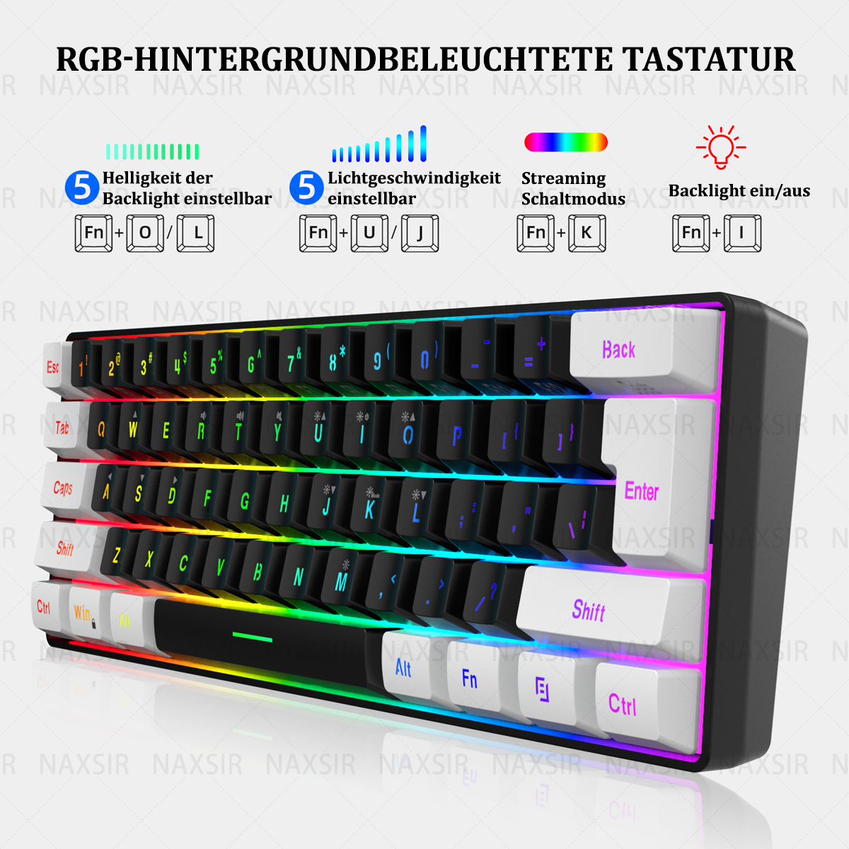 Ein Nahaufnahmenbild einer Tastatur mit farbenfrohen, hintergrundbeleuchteten Tasten. Es gibt Funktionstasten für Helligkeit, Geschwindigkeit und Lichtsteuerung.