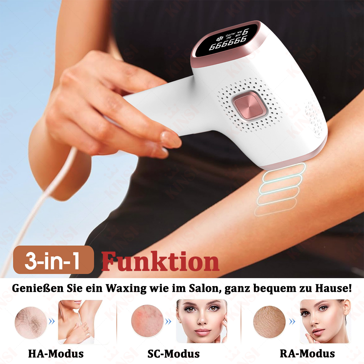 Ein Bild einer Frau, die ein 3-in-1-Haarentfernungsgerät an ihrem Arm verwendet. Das Gerät hat ein weißes und roségoldenes Design.