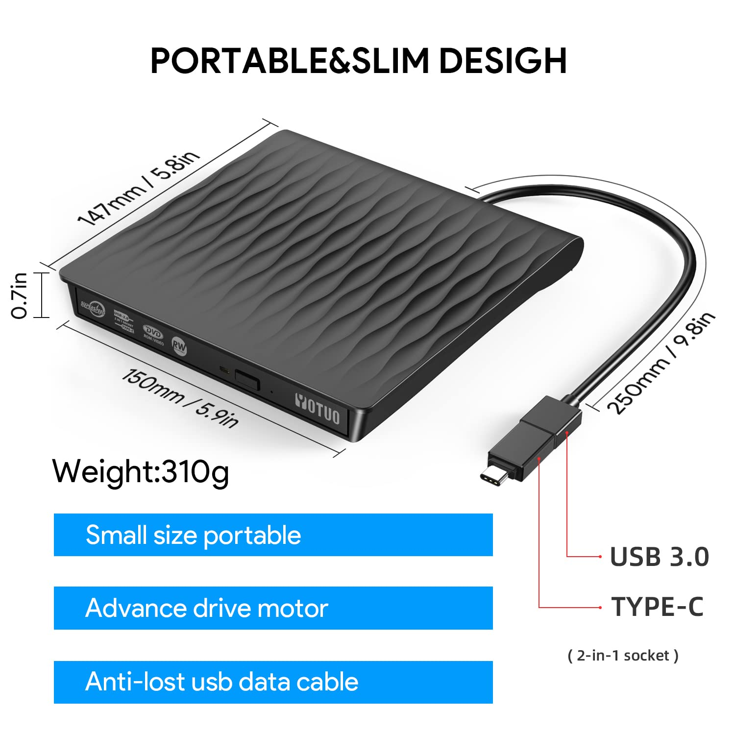 Ein Bild eines schwarzen externen DVD-Laufwerks mit Abmessungen, USB 3.0- und Typ-C-Funktionen und einem Datenkabel.