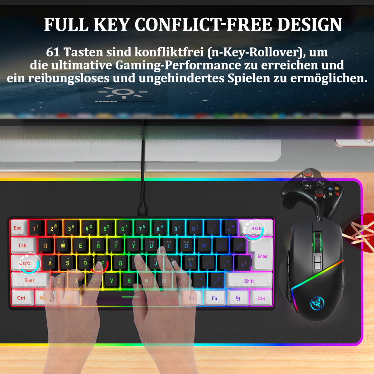 Eine Tastatur mit RGB-Beleuchtung liegt auf einer schwarzen Matte, mit Maus und Controller daneben.