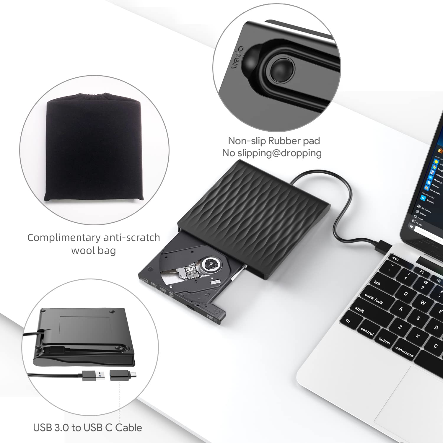 Schwarzes externes optisches Laufwerk neben einem Laptop. Enthält eine Tragetasche und USB-Kabel.