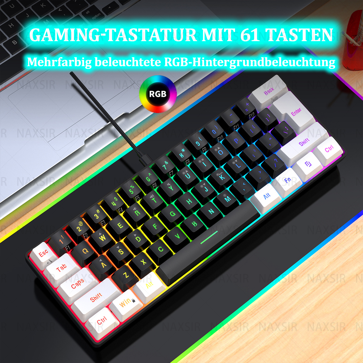 Eine Draufsicht auf eine Gaming-Tastatur mit 61 Tasten, Regenbogen-Hintergrundbeleuchtung und einem weißen und schwarzen Design.
