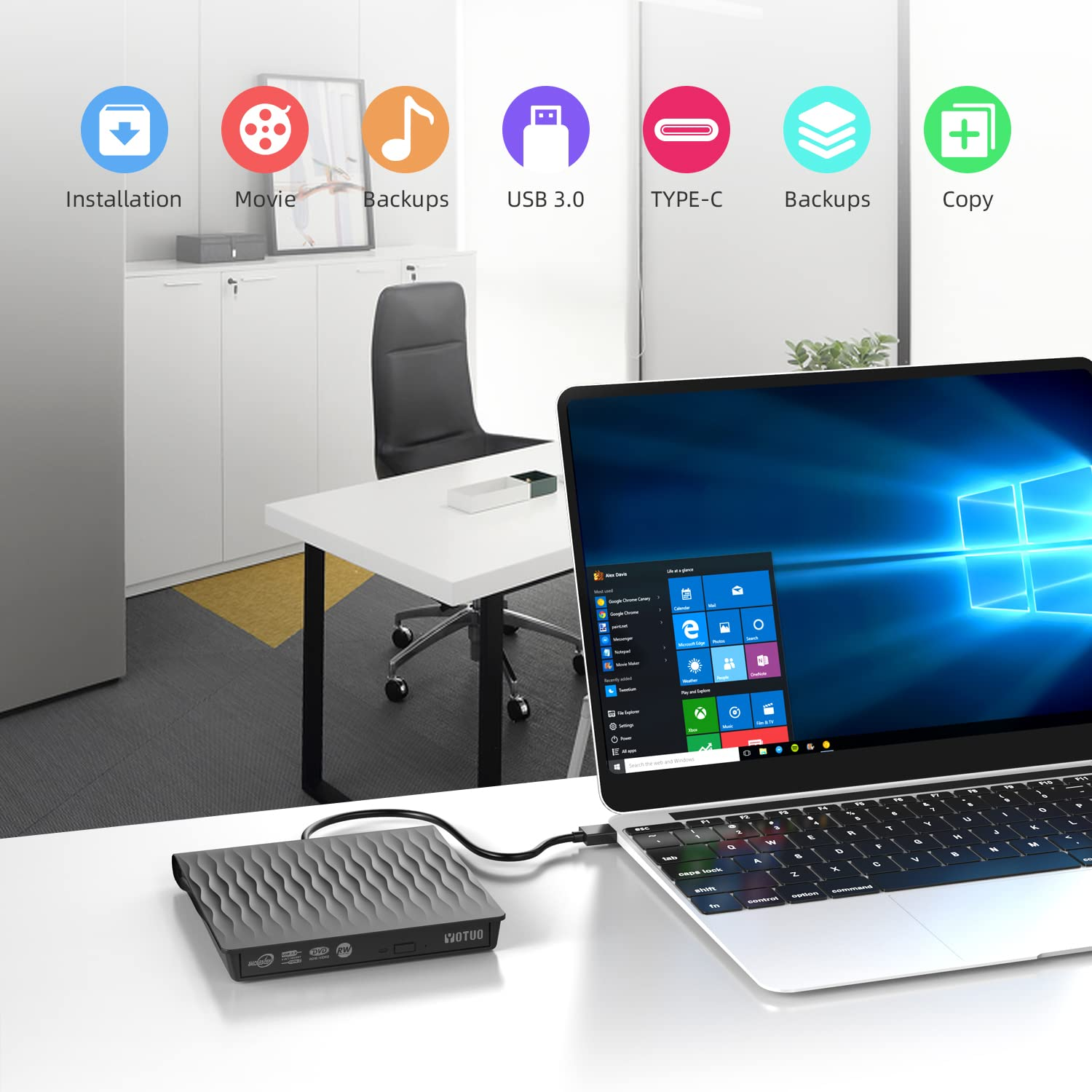 Ein Laptop ist mit einem externen DVD-Laufwerk verbunden, mit Symbolen für verschiedene Anwendungen.
