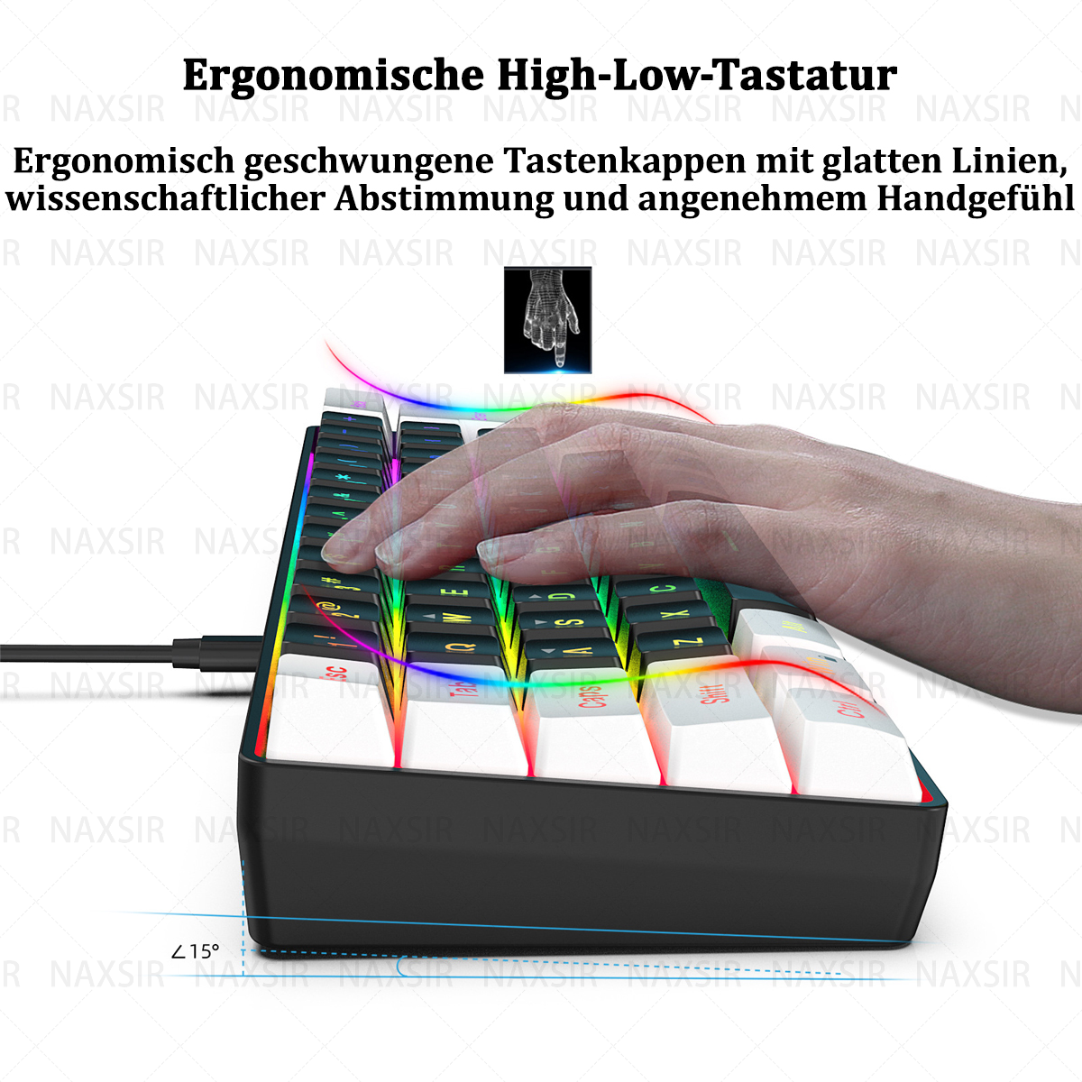 Nahaufnahme einer Tastatur mit bunten Tasten. Eine Hand schwebt über den Tasten. Die Tastatur ist schwarz.