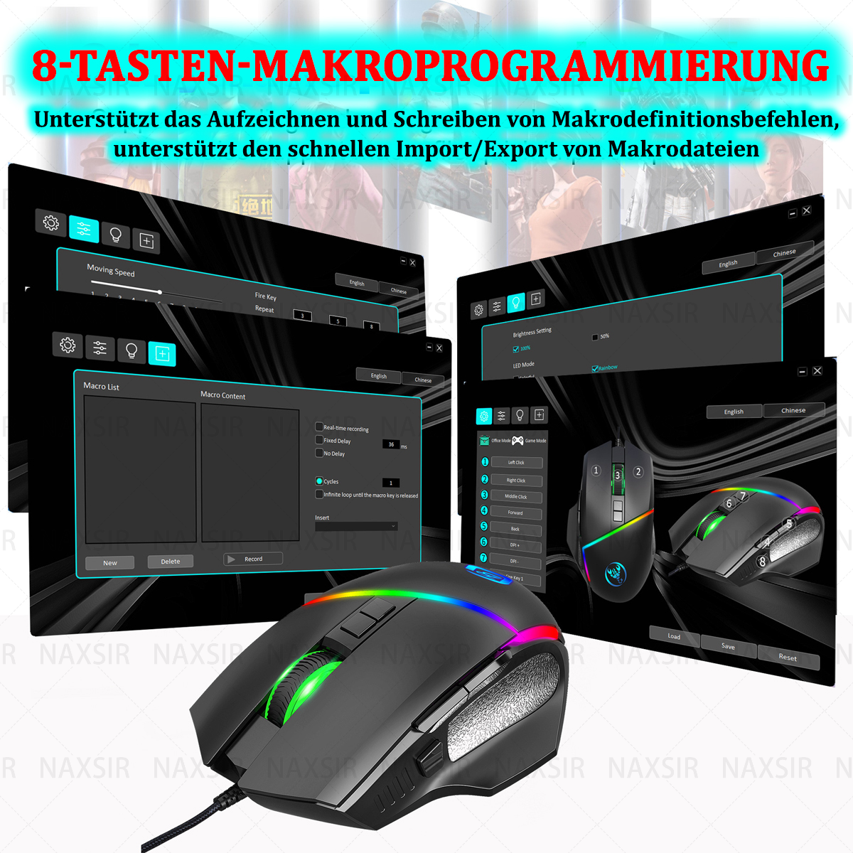 Eine Gaming-Maus mit verschiedenen Bildschirmanzeigen, die Makroeinstellungen und -funktionen zeigen. Die Maus ist schwarz mit bunten Lichtern.