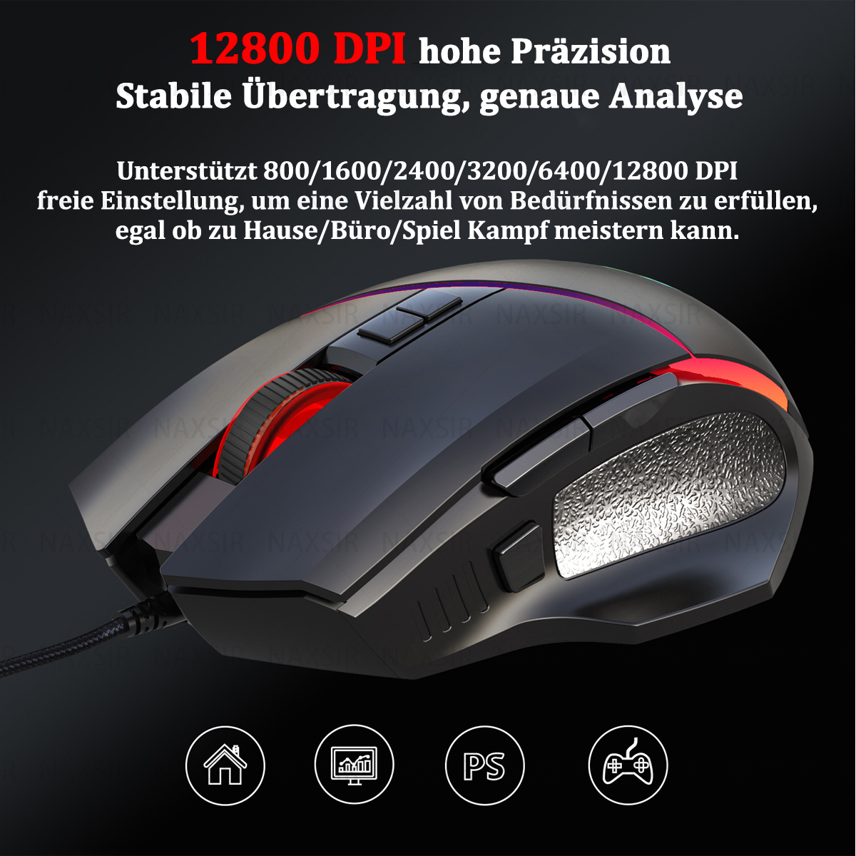 Schwarze Gaming-Maus mit roten Akzenten und Text. Sie hat Tasten und ein Kabel. Icons sind unten.