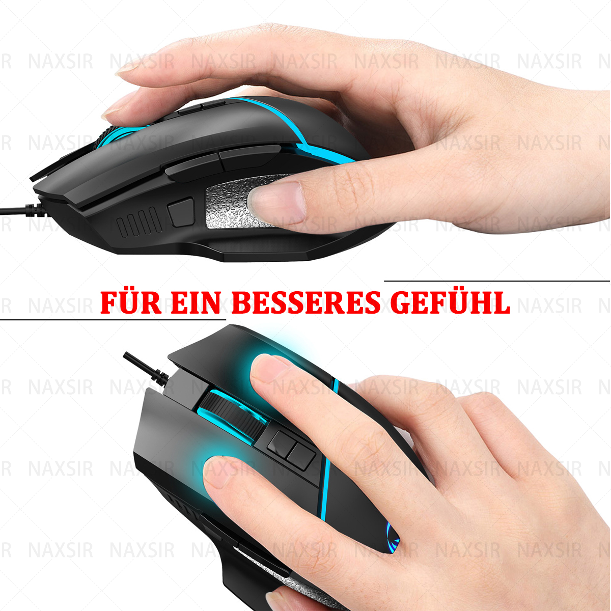 Schwarze Gaming-Maus mit blauen Lichtern, Hand oben.