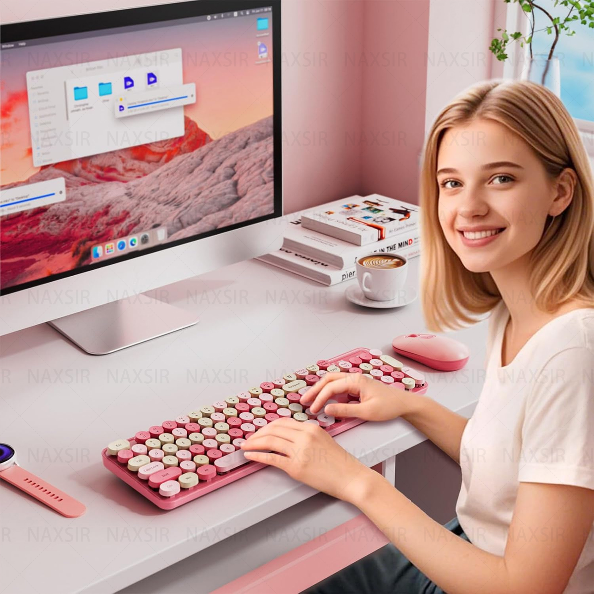 Eine Frau lächelt in die Kamera, während sie eine rosa Tastatur und Maus benutzt.