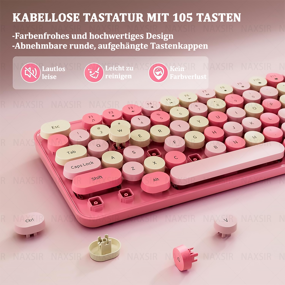 Rosa-weiße Tastatur im Retro-Stil. Sie hat runde Tasten mit verschiedenen Symbolen und Buchstaben.