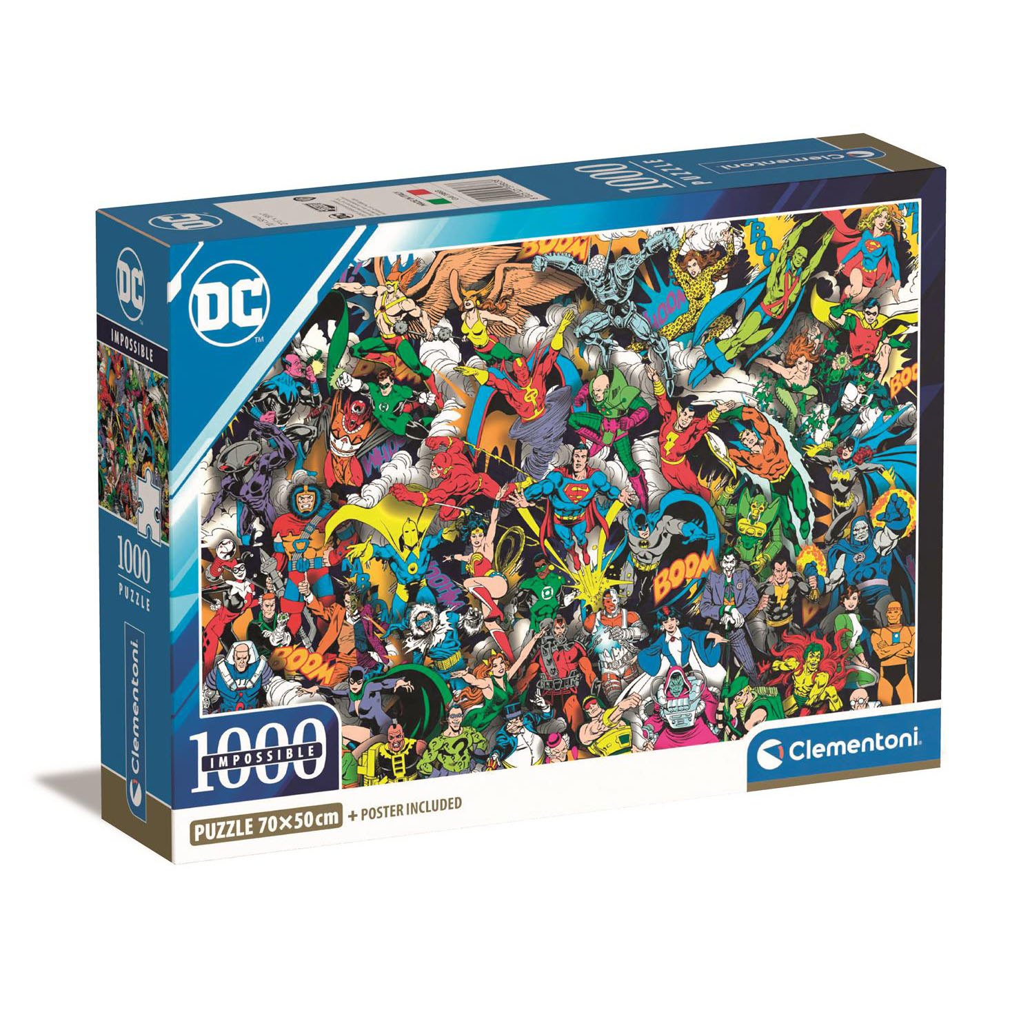 Een DC Comics puzzelbox van 1000 stukjes met verschillende superhelden op de doos.