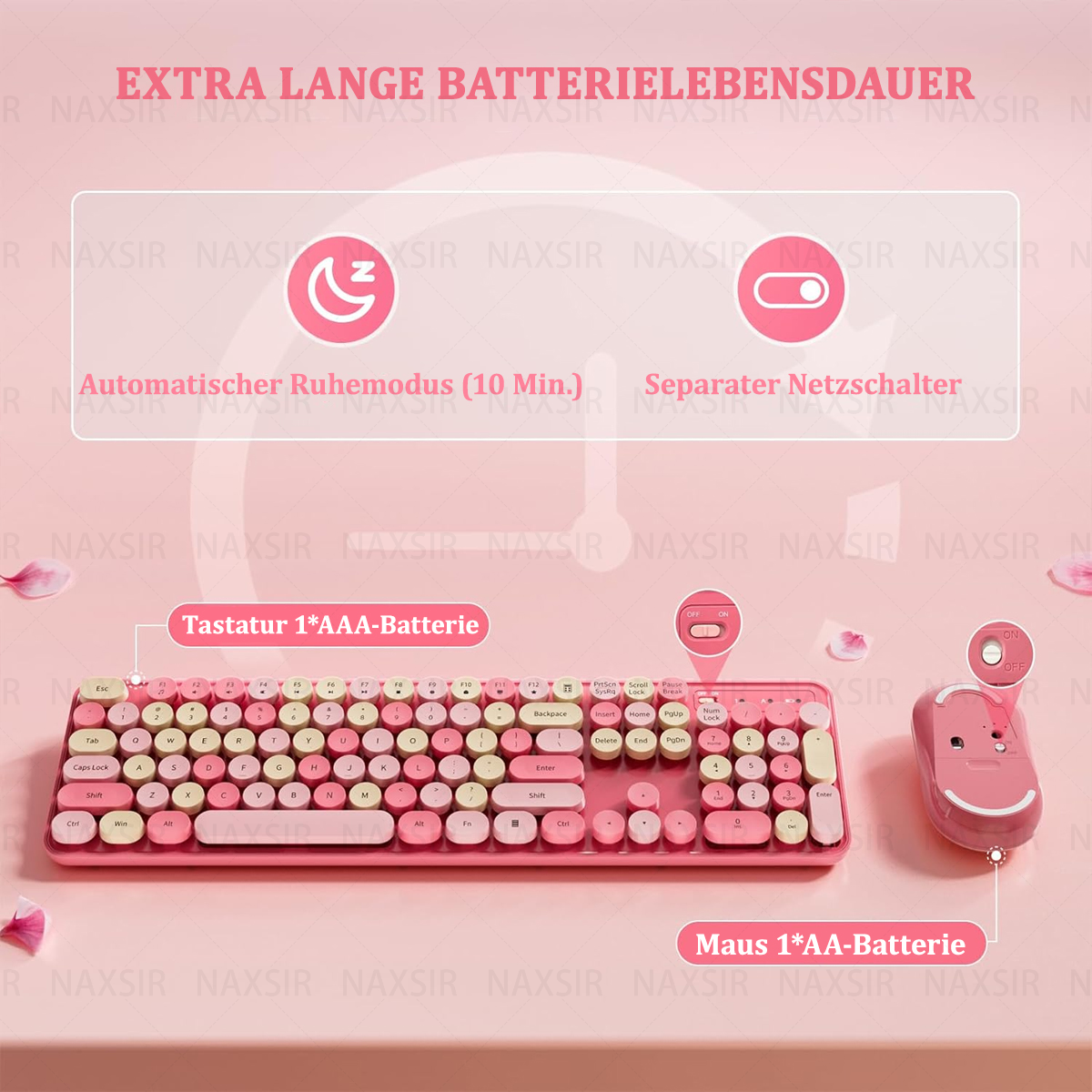 Rosa Tastatur und Maus-Set. Text-Overlays heben Funktionen wie Akkulaufzeit und Modus hervor.