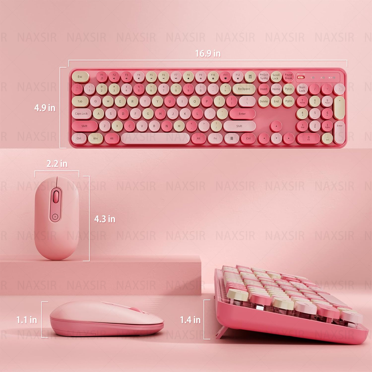 Eine rosa Tastatur- und Maus-Kombination mit Abmessungen und einem rosa Hintergrund.