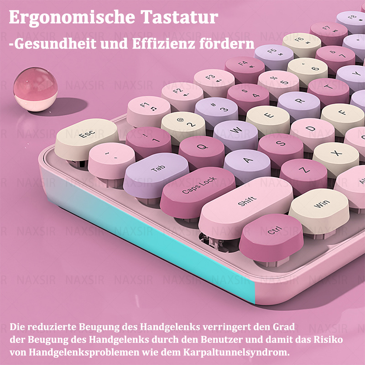 Nahaufnahme einer rosa ergonomischen Tastatur mit runden Tasten. Text auf Deutsch beschreibt die Vorteile.