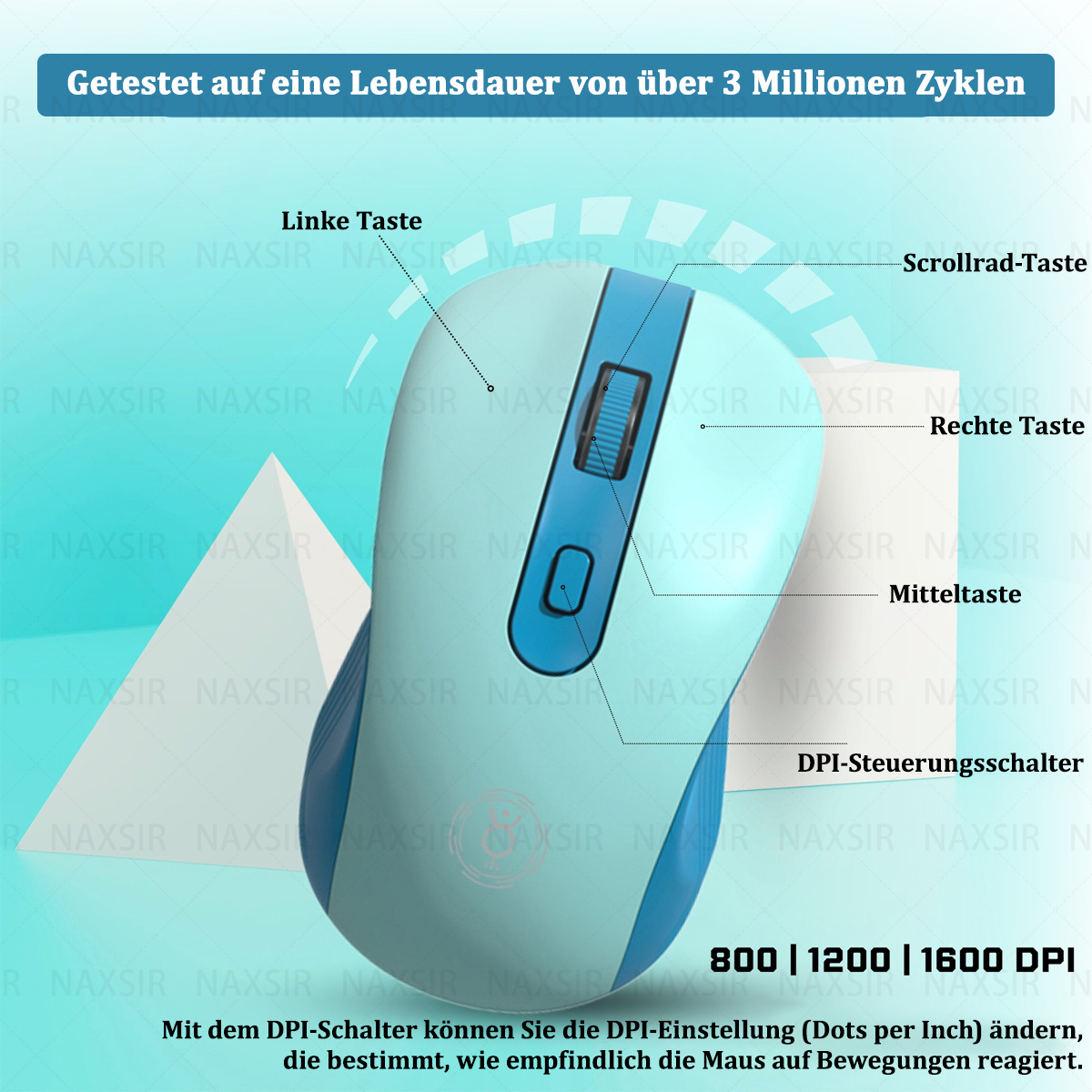 Blaue und weiße Maus. Textbezeichnungen heben Mausfunktionen wie DPI-Einstellungen hervor.