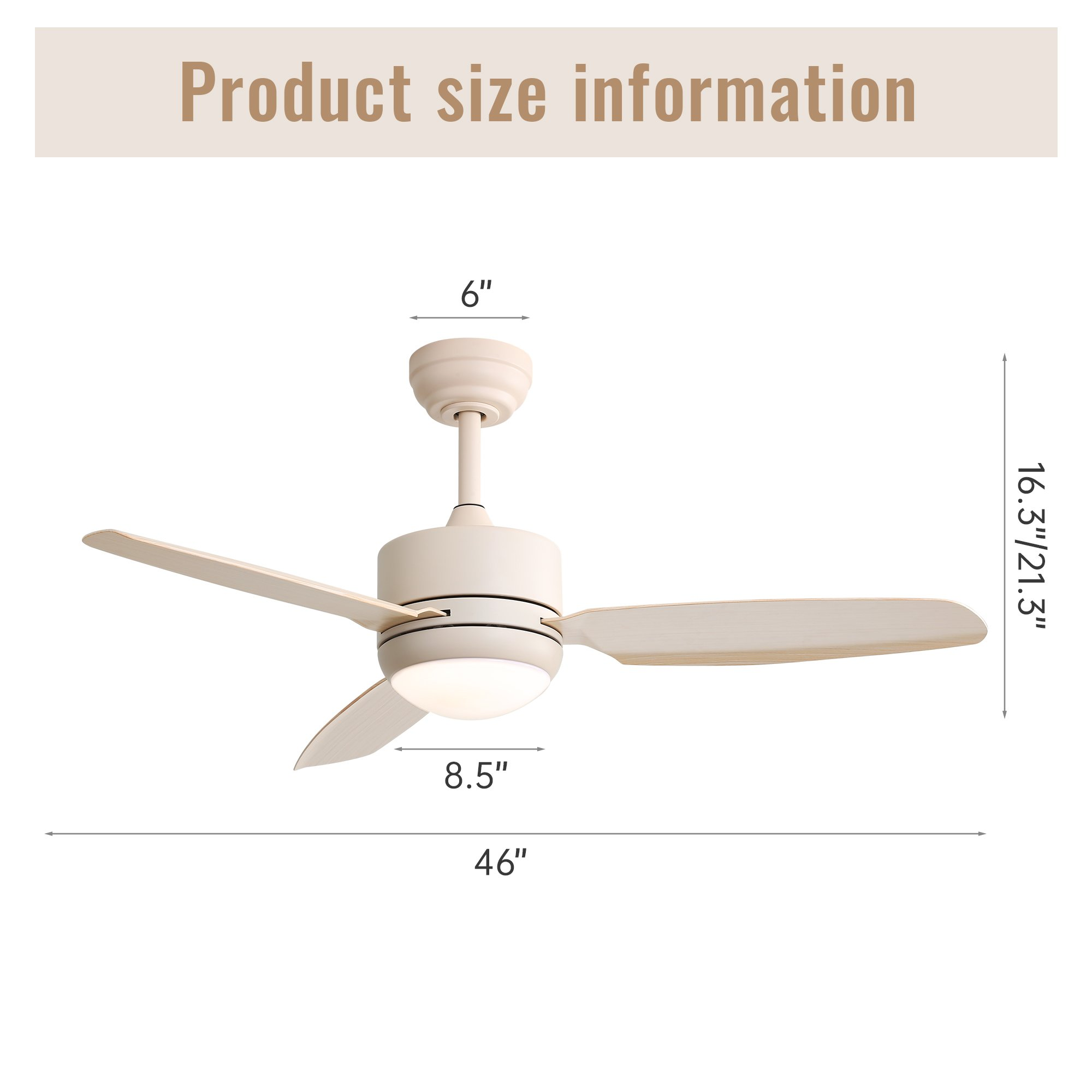 Ein weißer Deckenventilator mit drei Flügeln, die Abmessungen sind in Zoll angegeben.