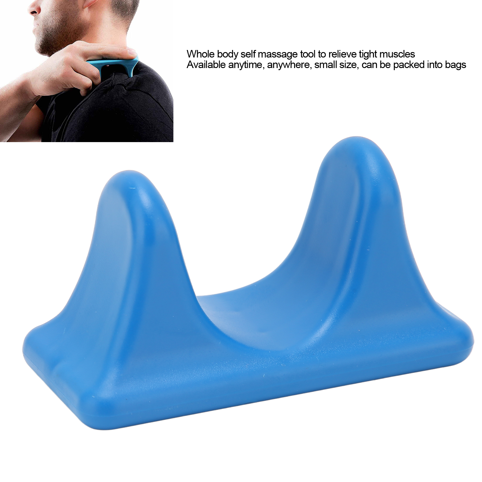 Blaues Massagegerät. Einsatz zeigt die Anwendung auf der Schulter. Text über Selbstmassage.