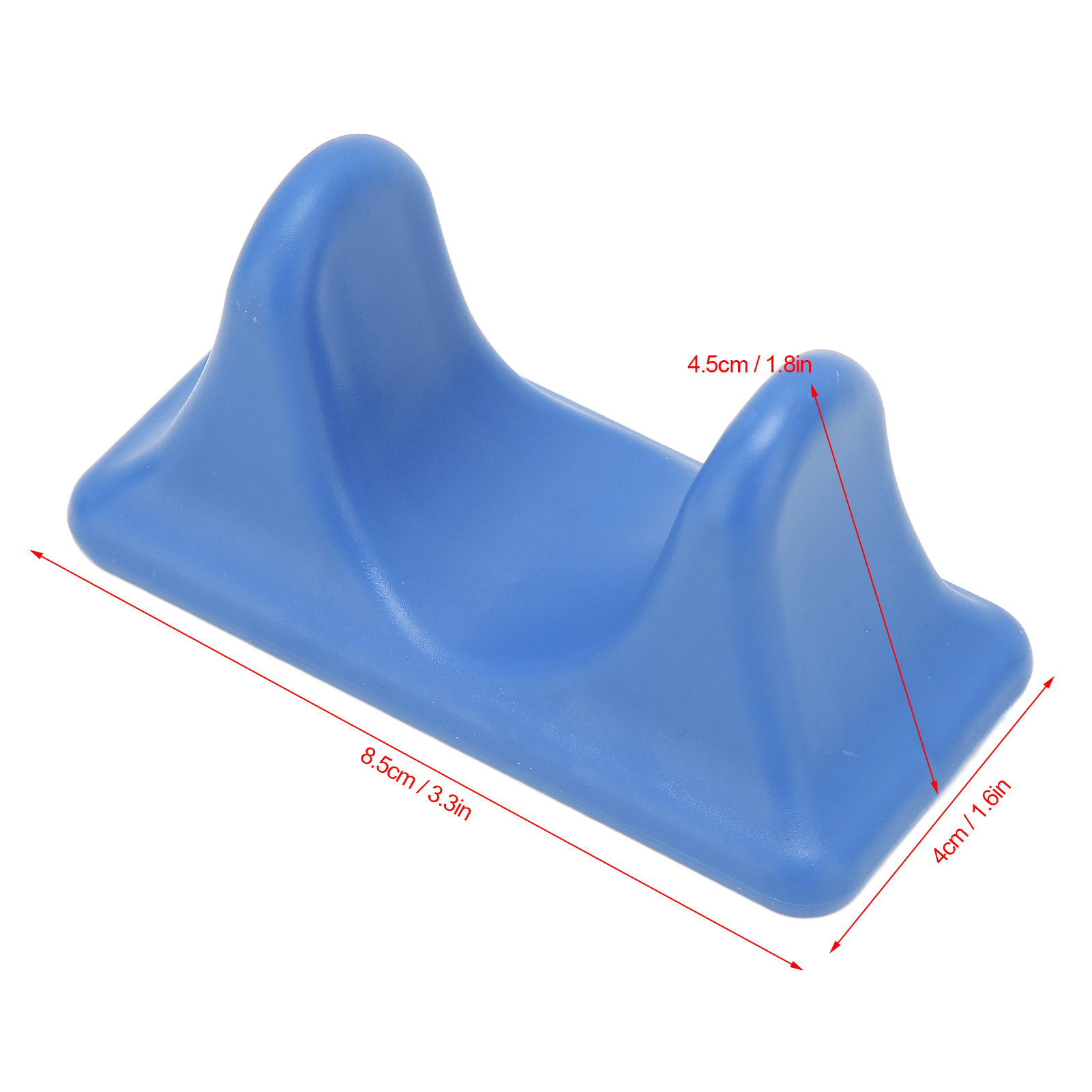 Blaues Nacken- und Schultermassagegerät. Abmessungen sind dargestellt, 8,5 cm x 4,5 cm. Das Werkzeug ist blau.