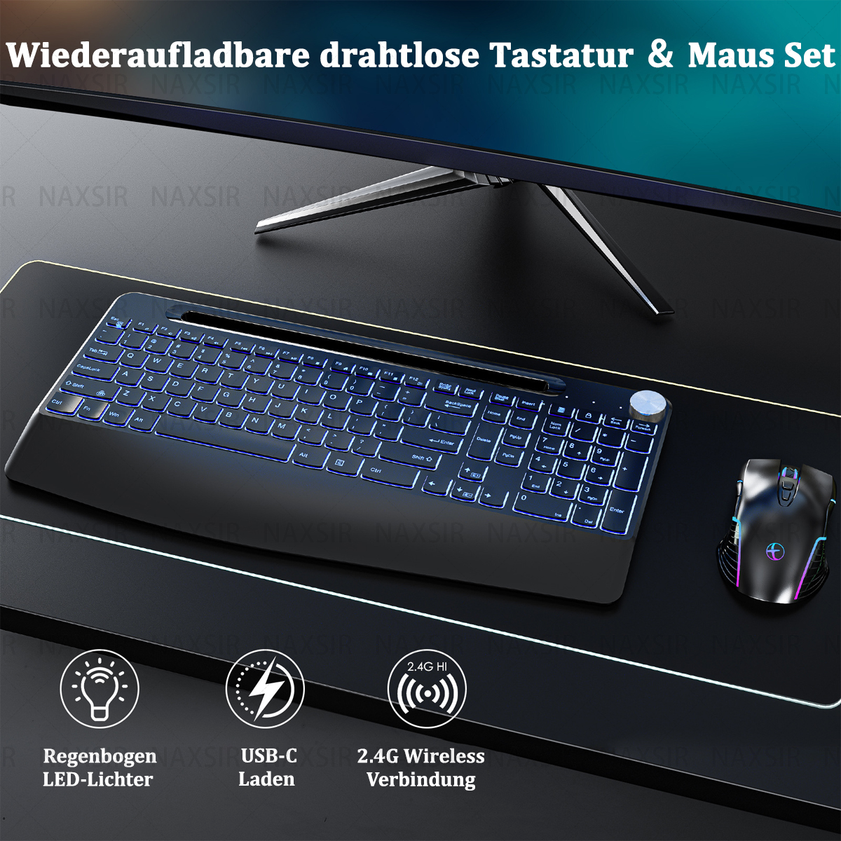 Drahtloses Tastatur- und Maus-Set auf einem schwarzen Pad. Tastatur hat blaue Tasten mit Hintergrundbeleuchtung.