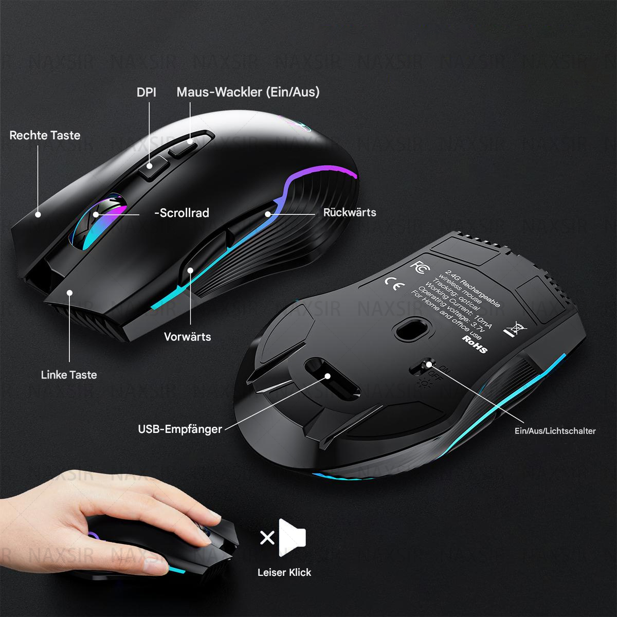 Schwarze Maus mit Beschriftungen. Zeigt DPI, Scrollrad, Vorwärts, Rückwärts und andere Tasten, USB-Empfänger.